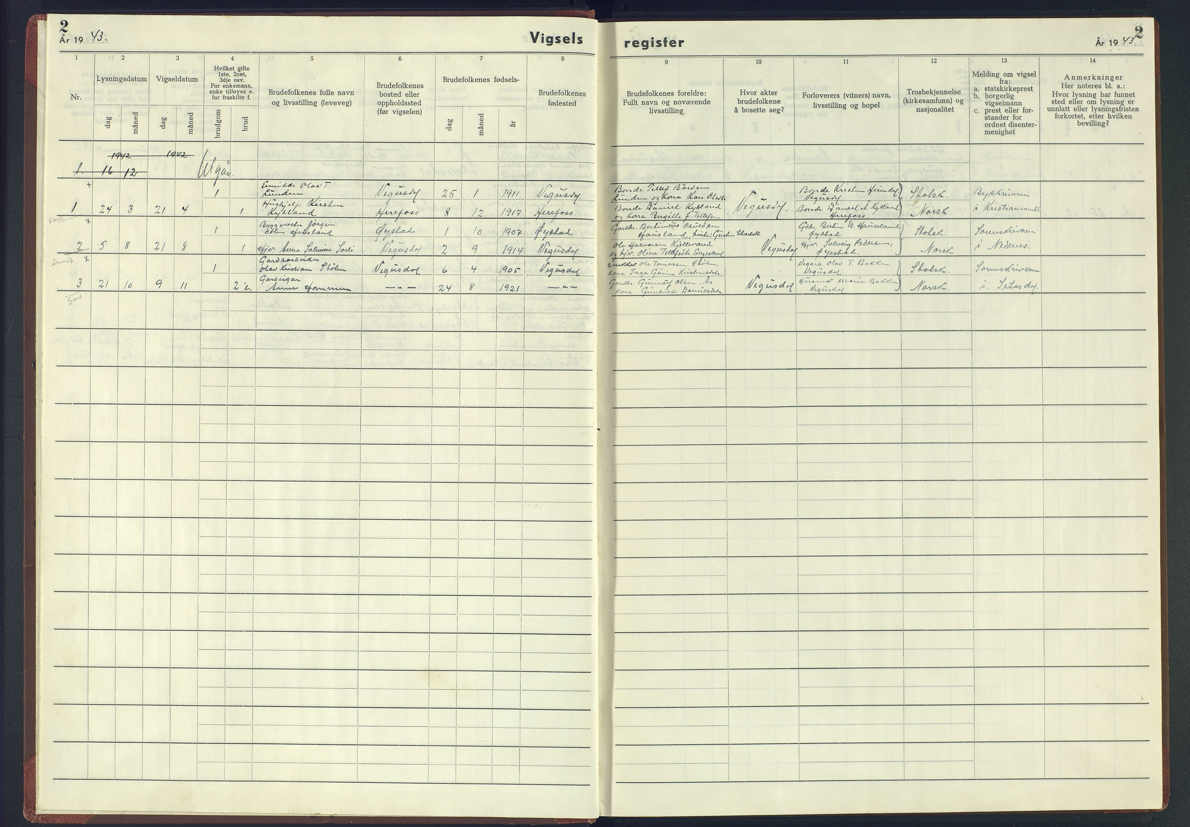 Herefoss sokneprestkontor, SAK/1111-0019/J/Jb/L0006: Vigselsregister nr. II.6.6, 1942-1945, s. 2
