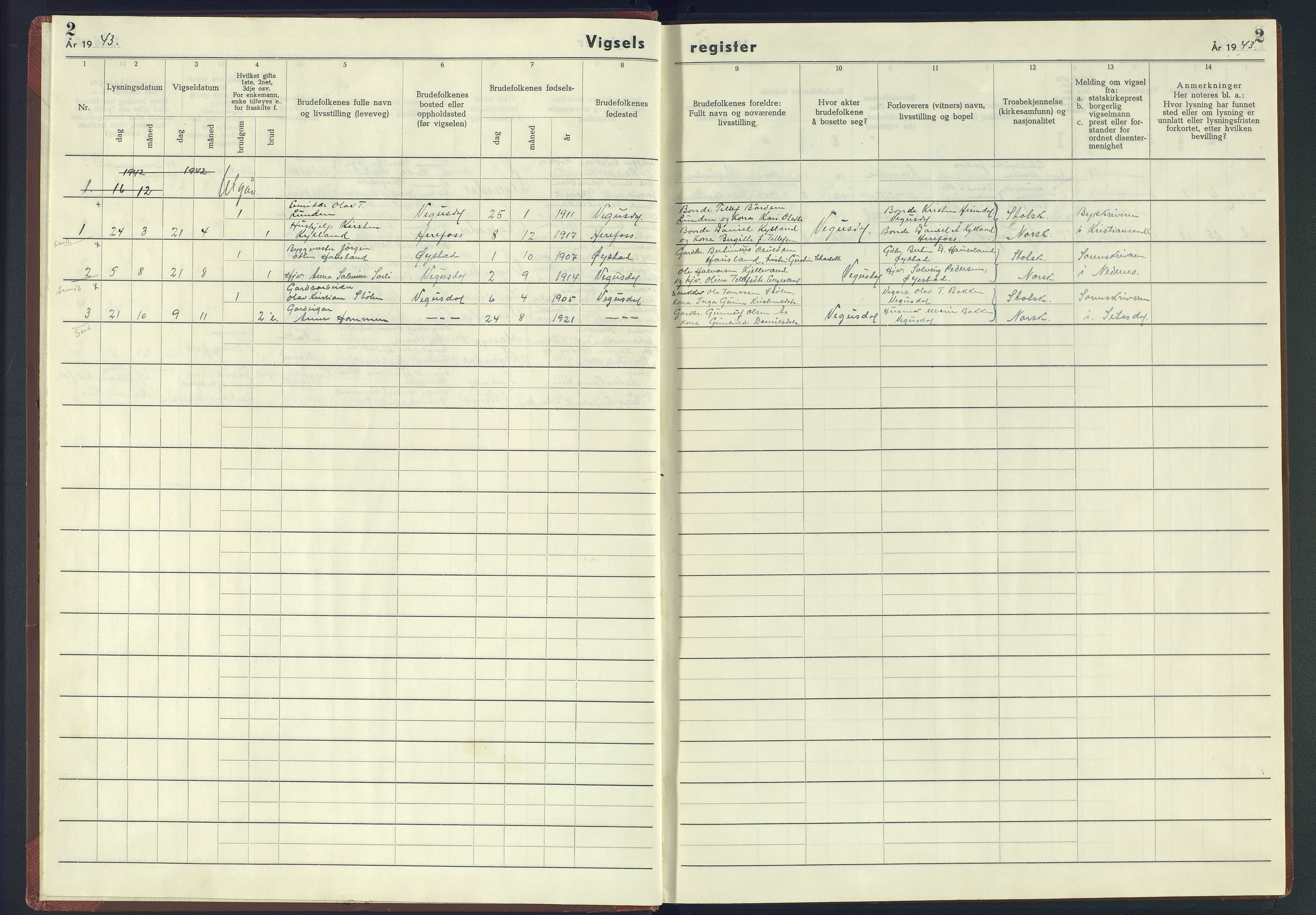 Herefoss sokneprestkontor, AV/SAK-1111-0019/J/Jb/L0006: Vigselsregister nr. II.6.6, 1942-1945, s. 2