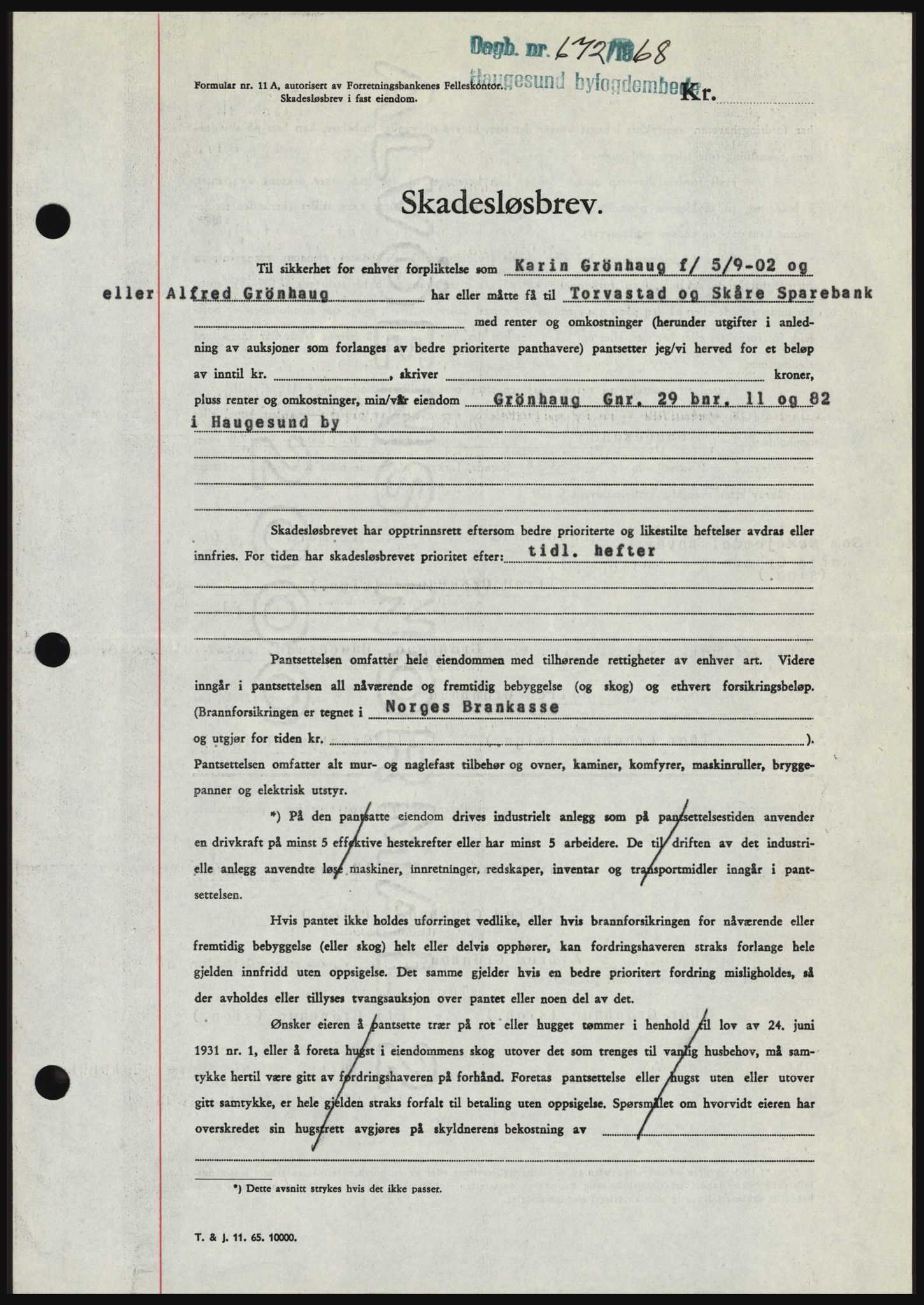 Haugesund tingrett, SAST/A-101415/01/II/IIC/L0058: Pantebok nr. B 58, 1967-1968, Dagboknr: 672/1968