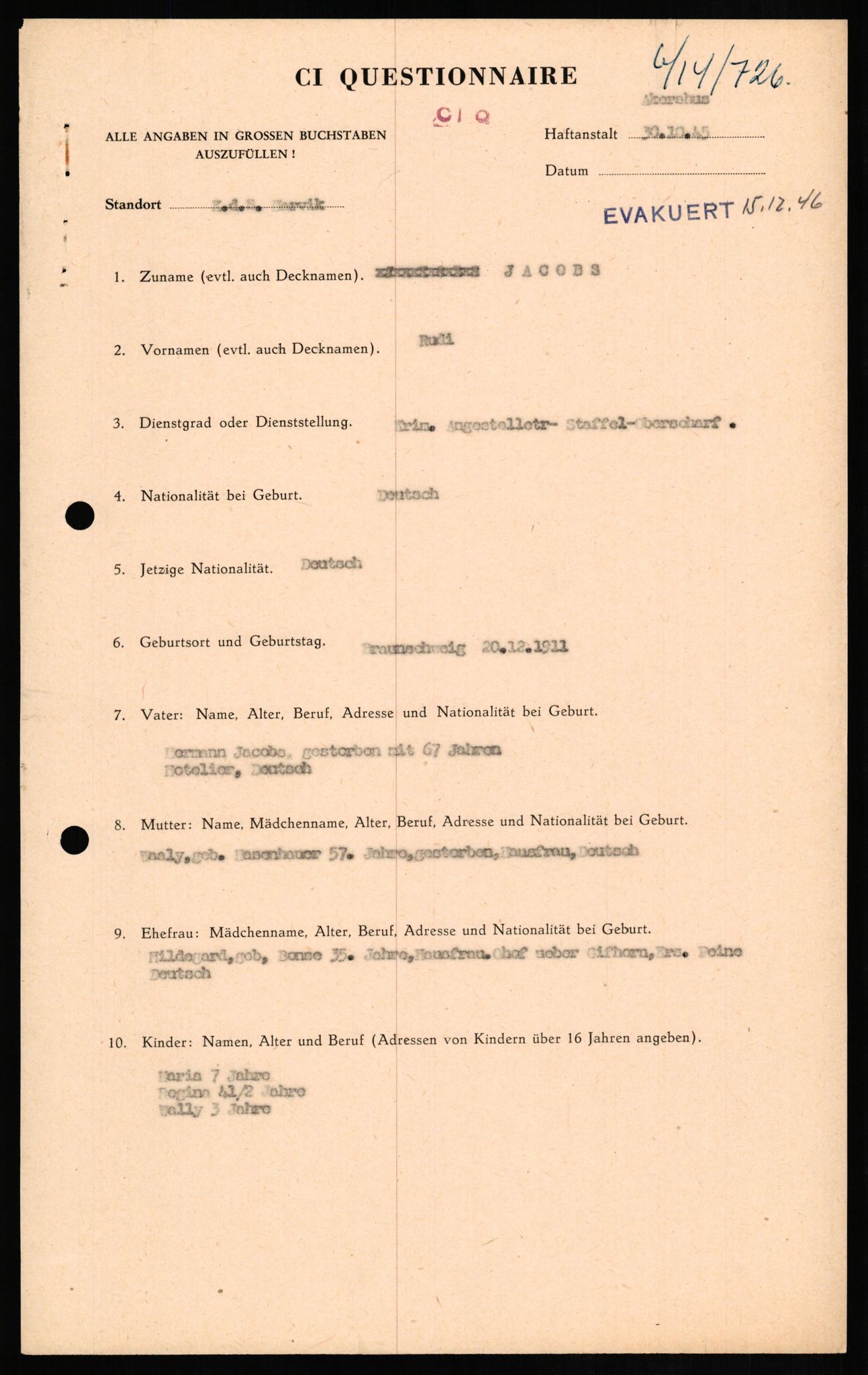 Forsvaret, Forsvarets overkommando II, RA/RAFA-3915/D/Db/L0014: CI Questionaires. Tyske okkupasjonsstyrker i Norge. Tyskere., 1945-1946, s. 441