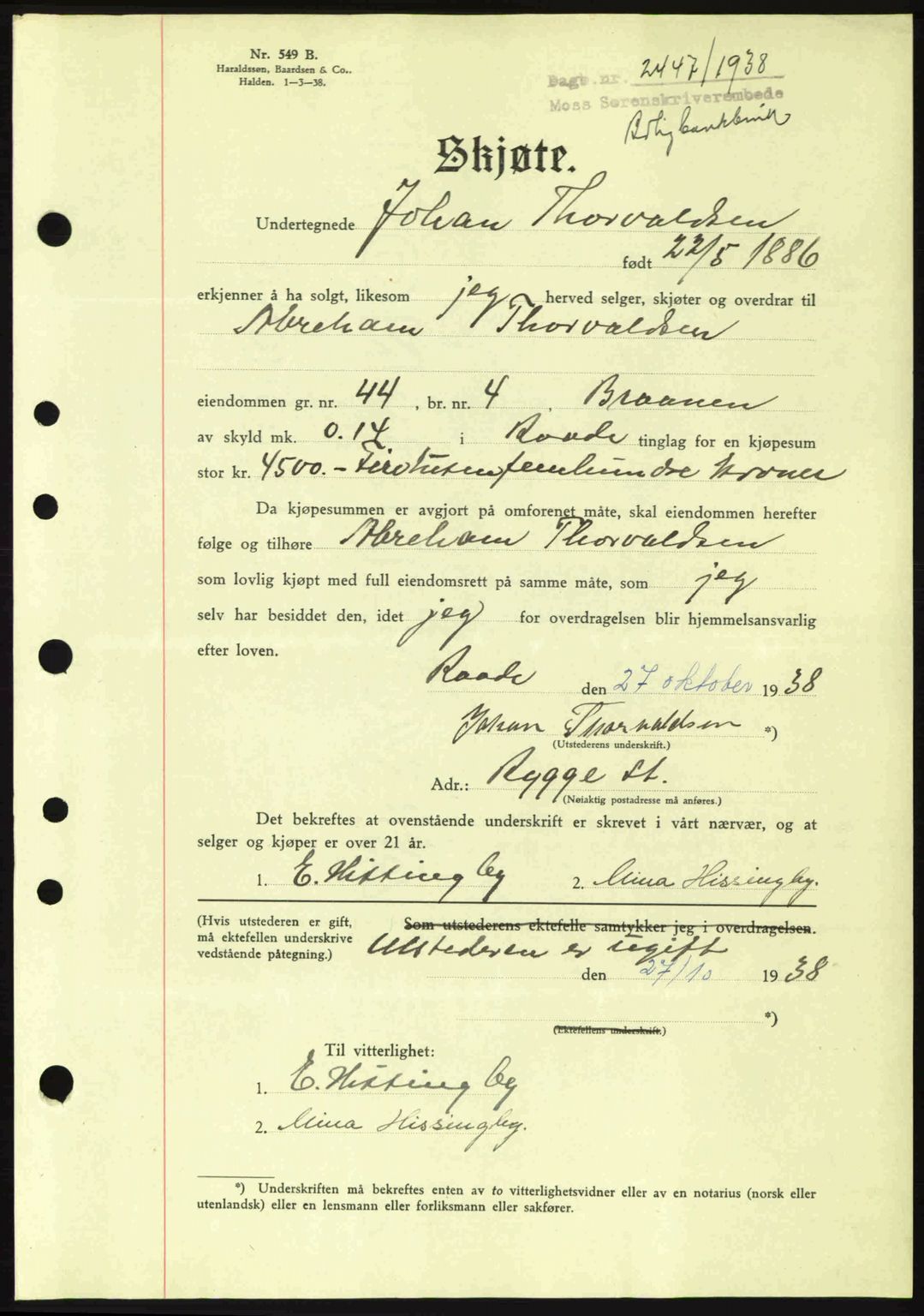 Moss sorenskriveri, SAO/A-10168: Pantebok nr. A5, 1938-1939, Dagboknr: 2447/1938