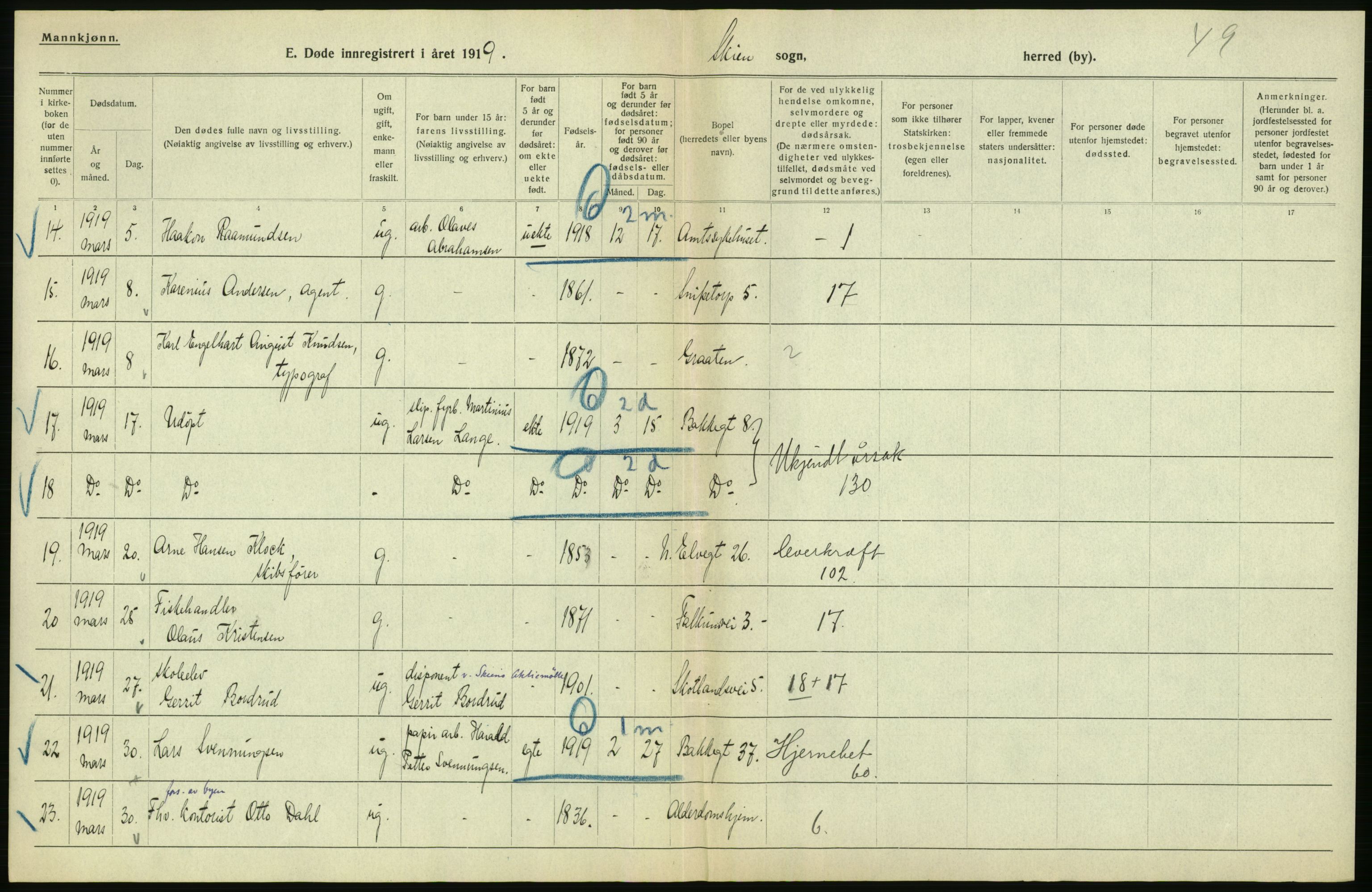 Statistisk sentralbyrå, Sosiodemografiske emner, Befolkning, AV/RA-S-2228/D/Df/Dfb/Dfbi/L0023: Telemark fylke: Døde. Bygder og byer., 1919, s. 392