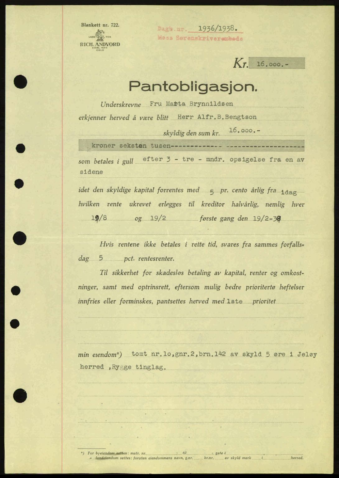 Moss sorenskriveri, SAO/A-10168: Pantebok nr. B6, 1938-1938, Dagboknr: 1936/1938