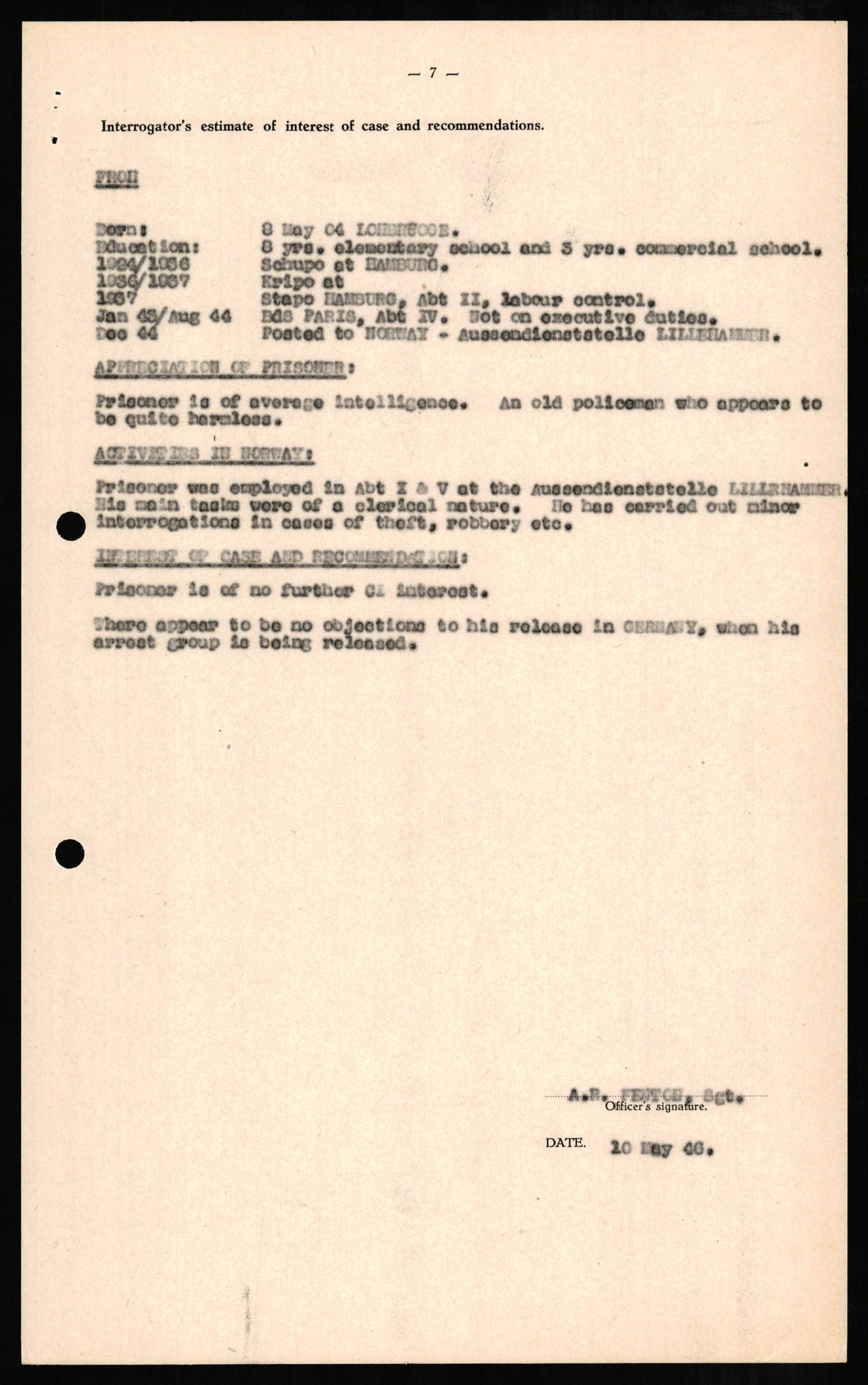 Forsvaret, Forsvarets overkommando II, AV/RA-RAFA-3915/D/Db/L0008: CI Questionaires. Tyske okkupasjonsstyrker i Norge. Tyskere., 1945-1946, s. 382