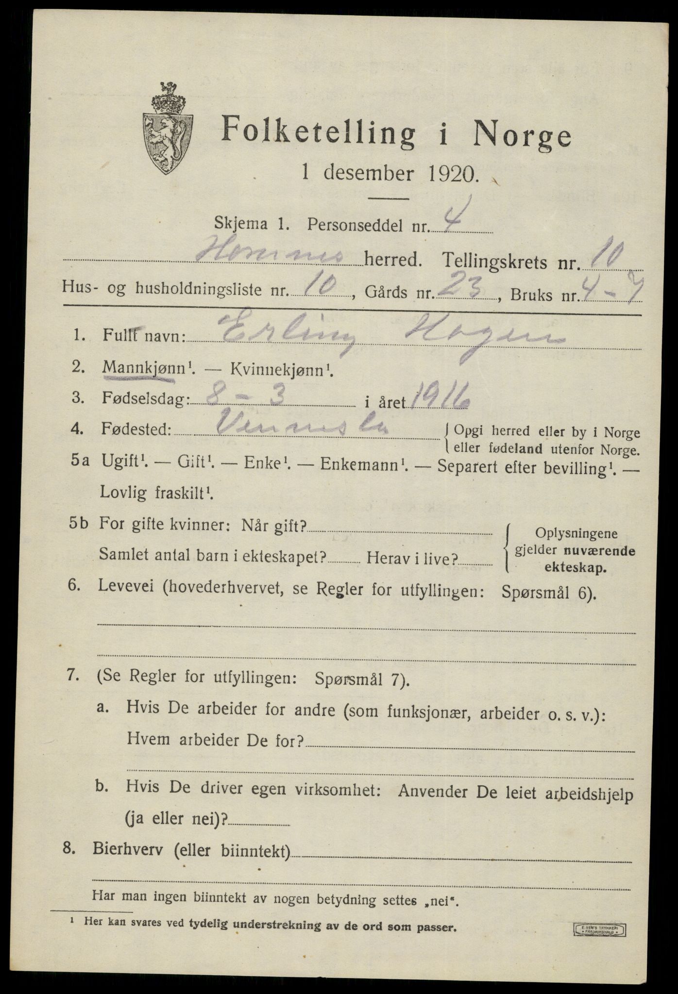 SAK, Folketelling 1920 for 0936 Hornnes herred, 1920, s. 2607