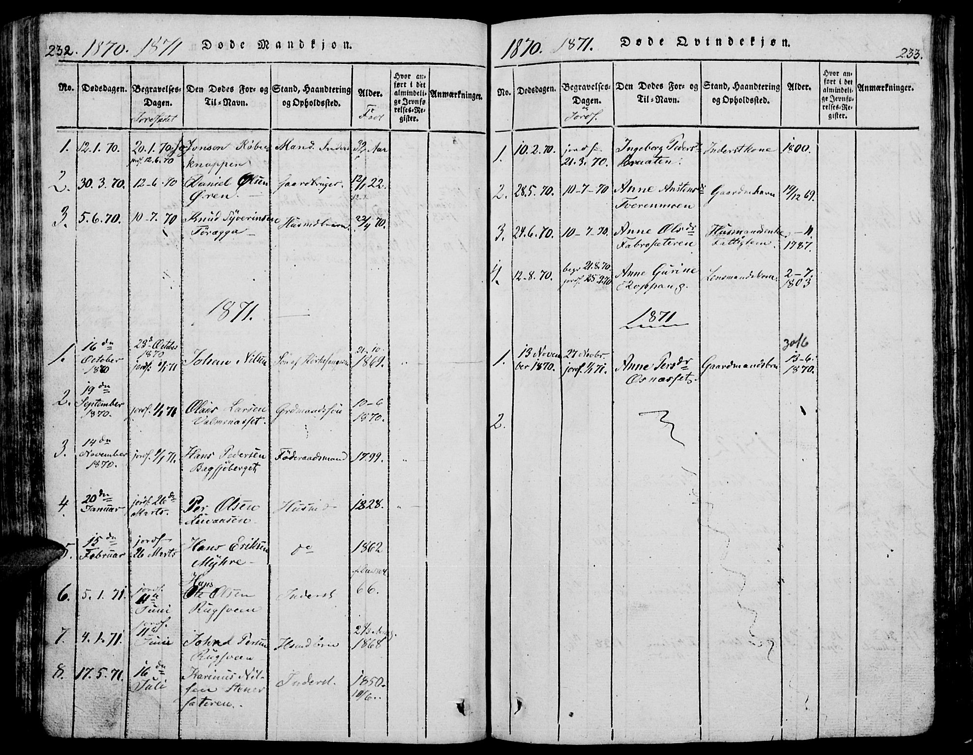 Trysil prestekontor, AV/SAH-PREST-046/H/Ha/Hab/L0005: Klokkerbok nr. 5, 1814-1877, s. 232-233