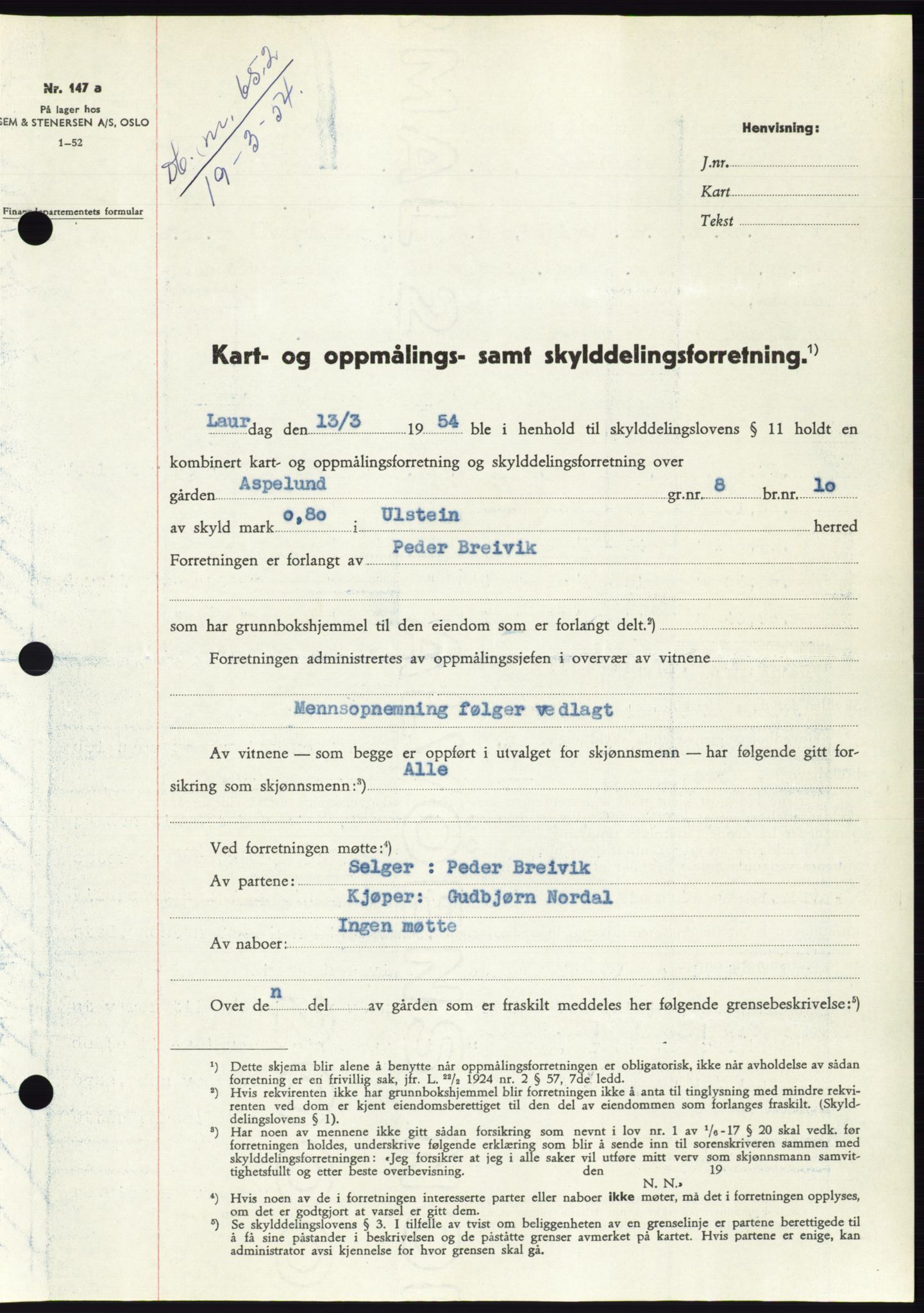 Søre Sunnmøre sorenskriveri, SAT/A-4122/1/2/2C/L0097: Pantebok nr. 23A, 1954-1954, Dagboknr: 652/1954