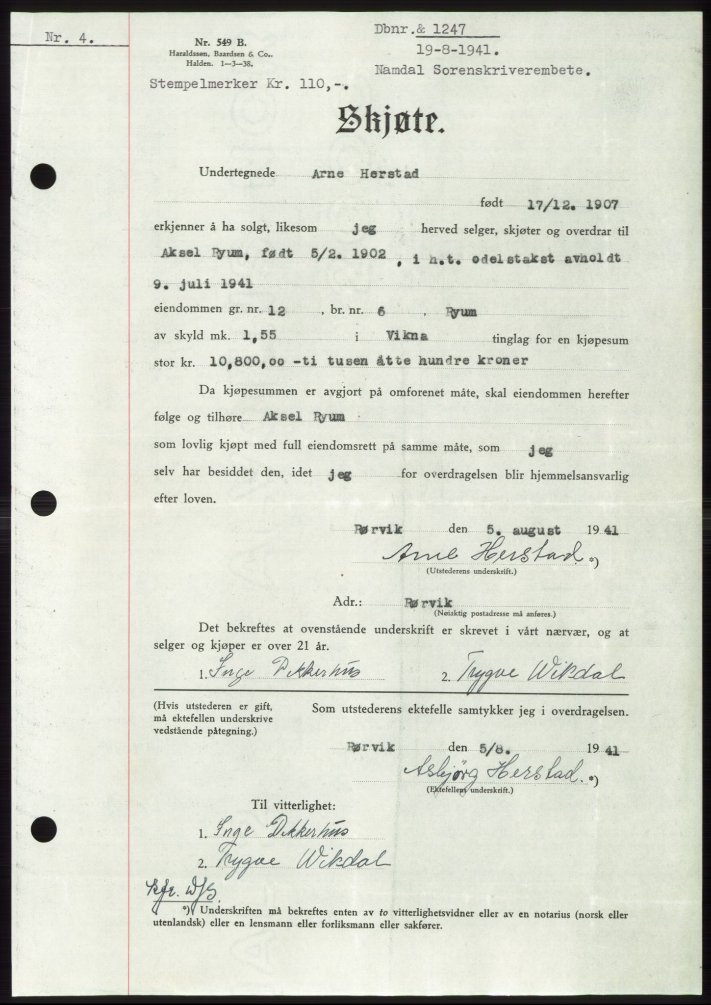 Namdal sorenskriveri, SAT/A-4133/1/2/2C: Pantebok nr. -, 1940-1941, Tingl.dato: 19.08.1941