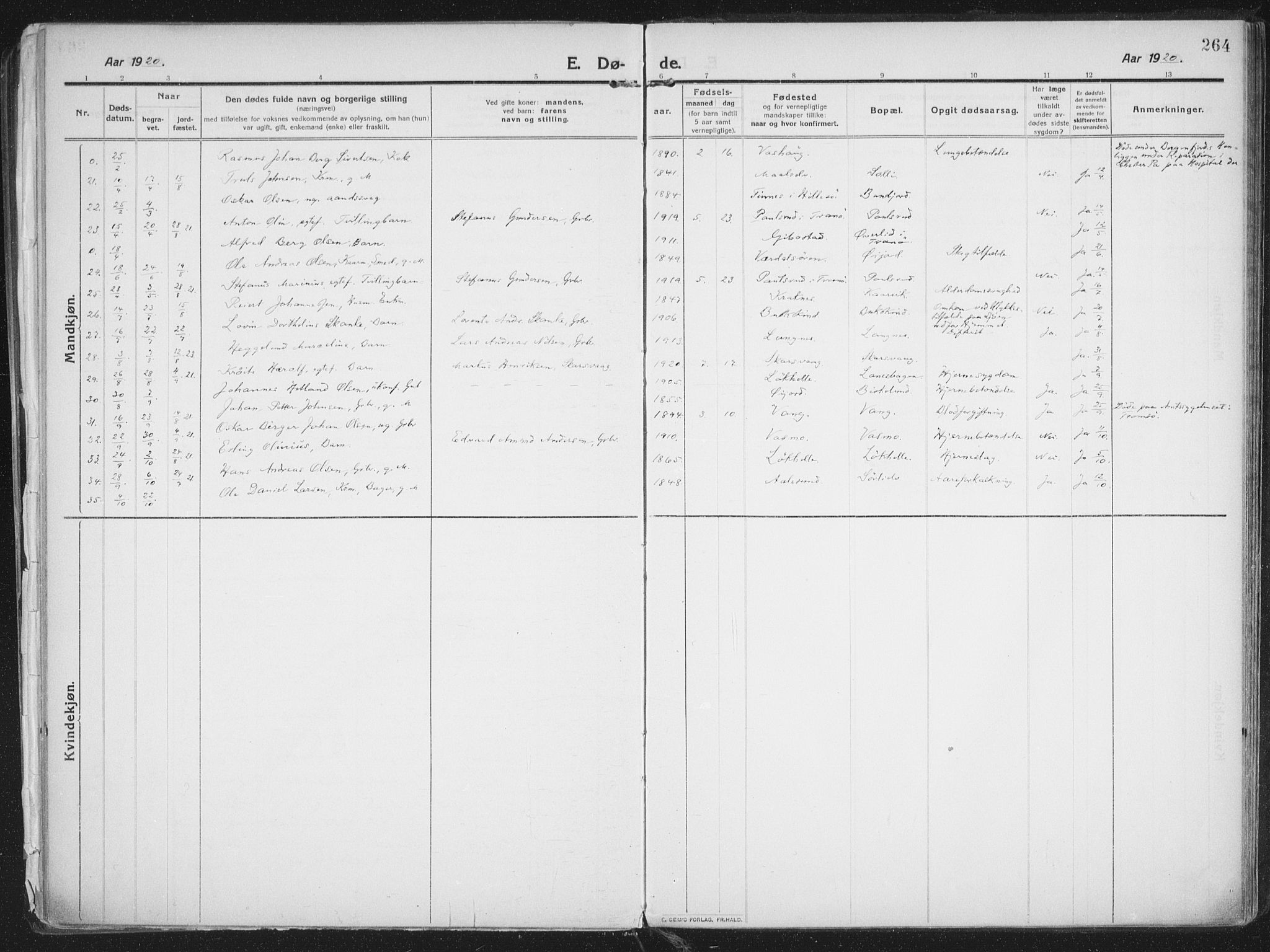 Lenvik sokneprestembete, AV/SATØ-S-1310/H/Ha/Haa/L0016kirke: Ministerialbok nr. 16, 1910-1924, s. 264