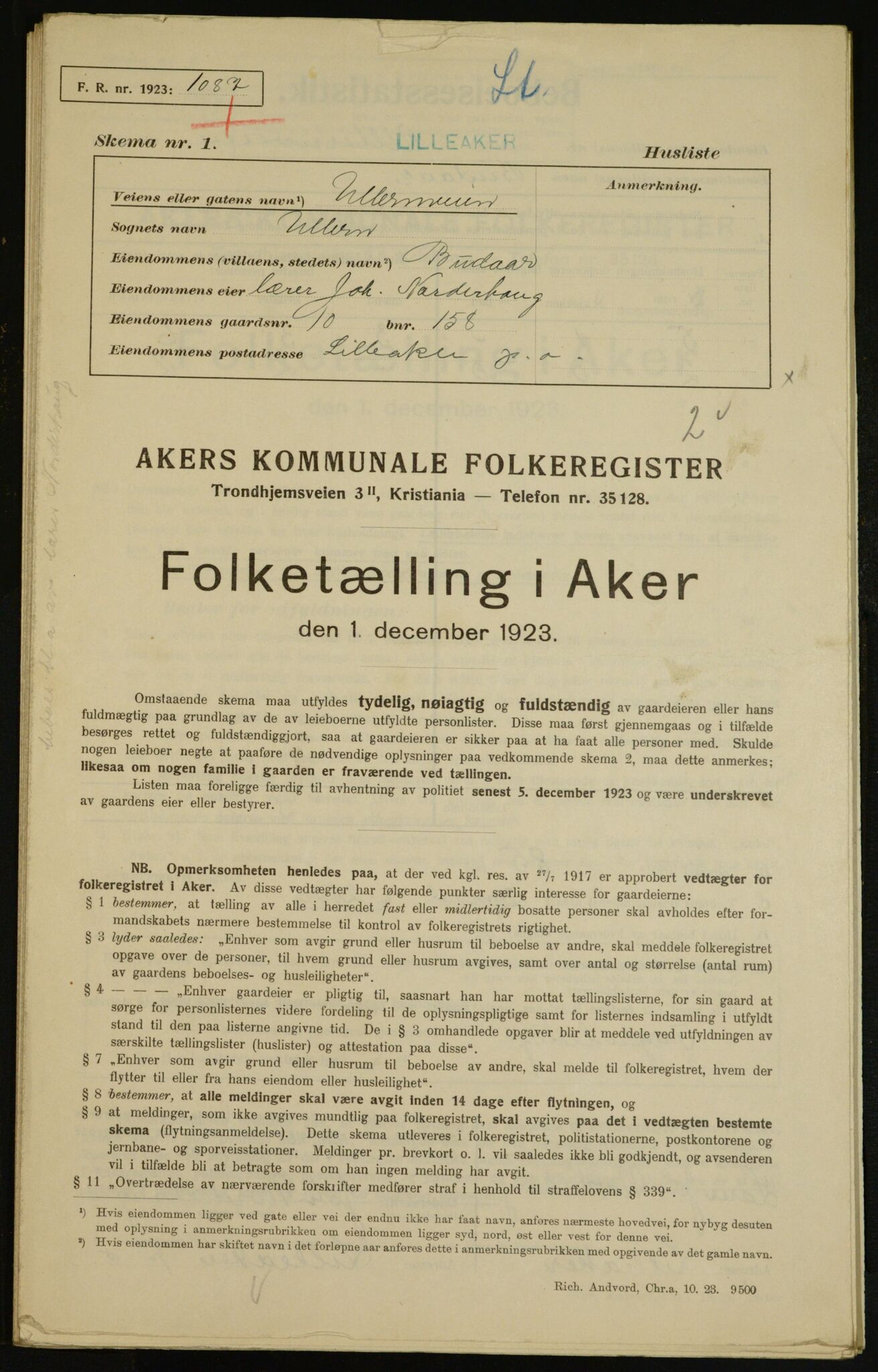 , Kommunal folketelling 1.12.1923 for Aker, 1923, s. 6581