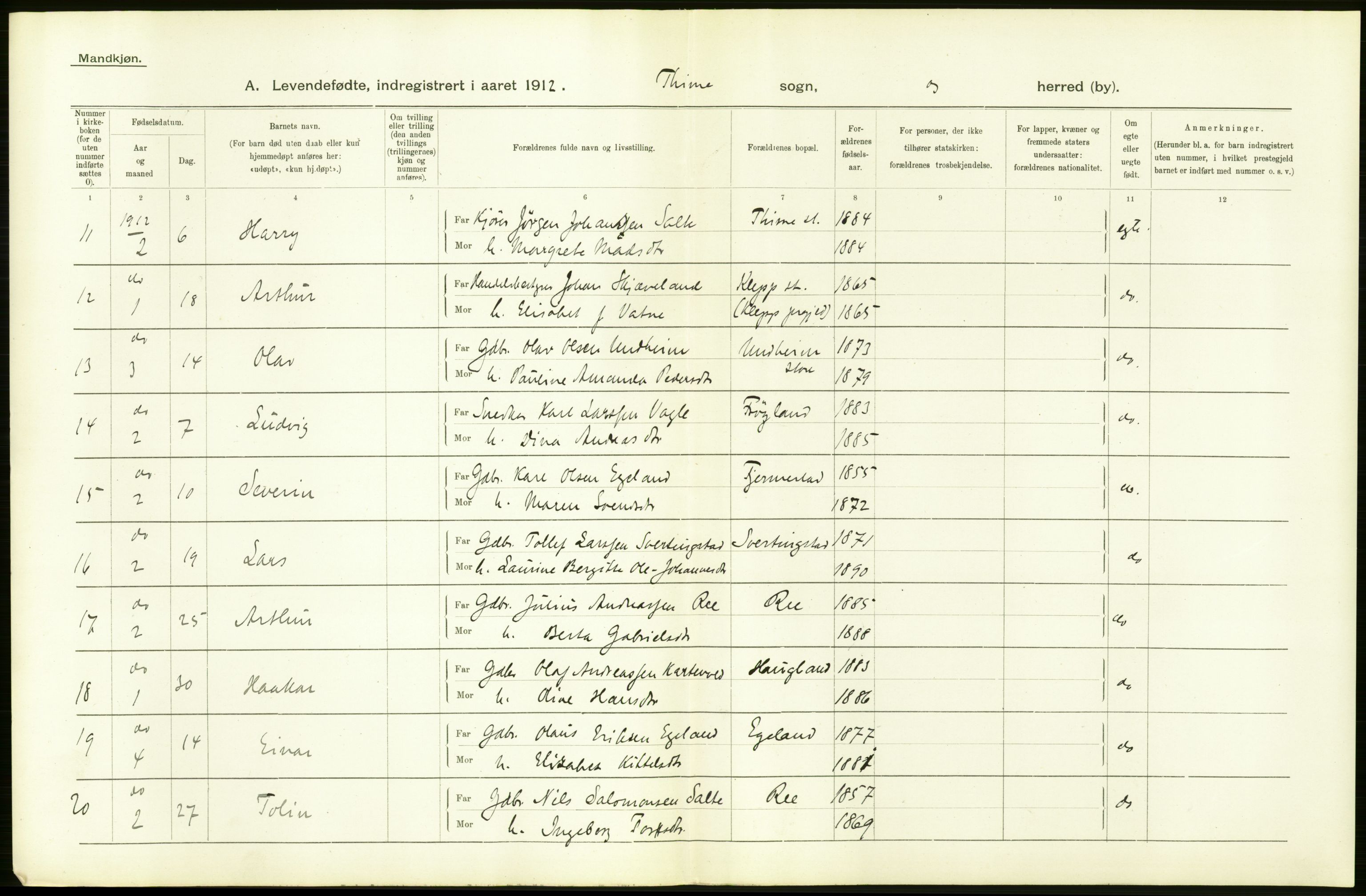 Statistisk sentralbyrå, Sosiodemografiske emner, Befolkning, AV/RA-S-2228/D/Df/Dfb/Dfbb/L0026: Stavanger amt: Levendefødte menn og kvinner. Bygder., 1912, s. 12