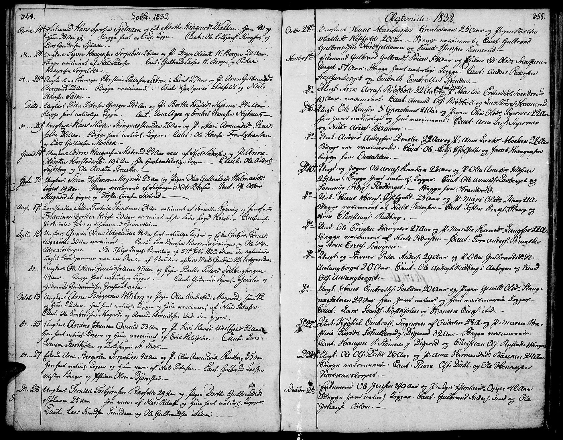 Vinger prestekontor, AV/SAH-PREST-024/H/Ha/Hab/L0002: Klokkerbok nr. 2, 1818-1834, s. 354-355