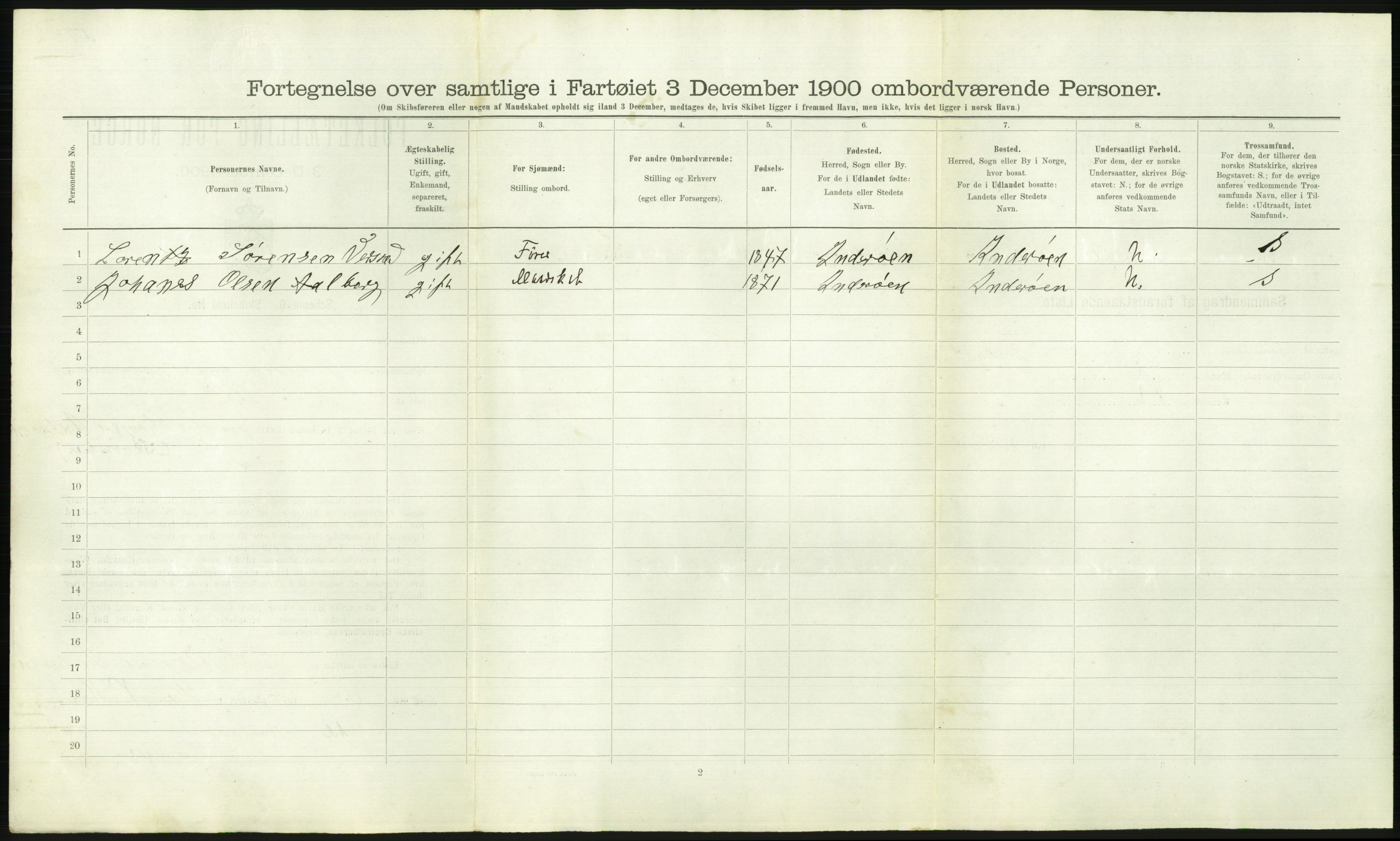 RA, Folketelling 1900 - skipslister med personlister for skip i norske havner, utenlandske havner og til havs, 1900, s. 2536