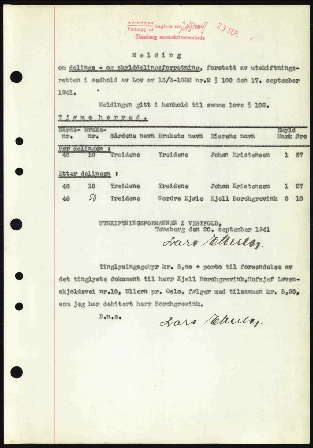 Tønsberg sorenskriveri, AV/SAKO-A-130/G/Ga/Gaa/L0010: Pantebok nr. A10, 1941-1941, Dagboknr: 2468/1941