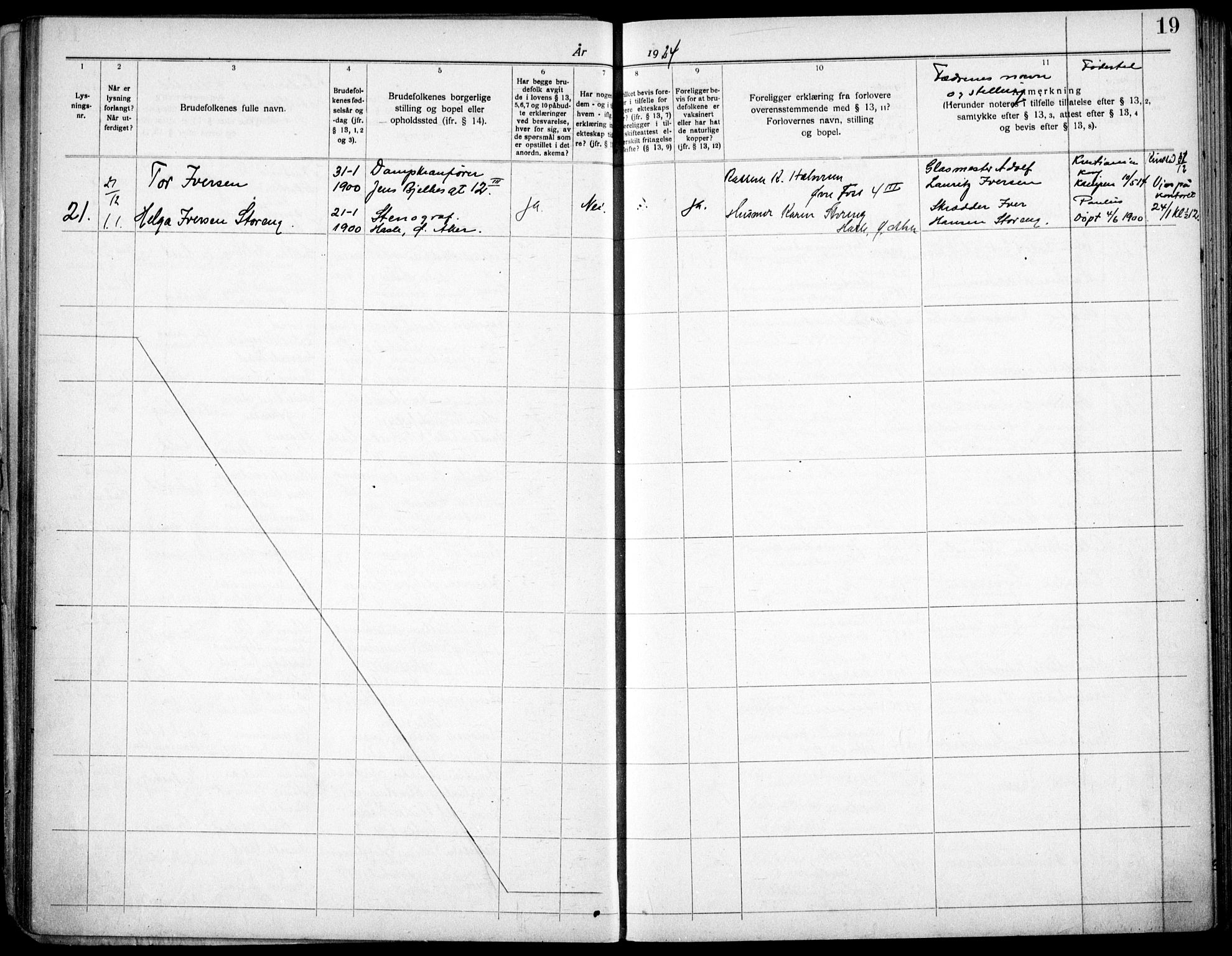 Matteus prestekontor Kirkebøker, AV/SAO-A-10870/H/Ha/L0001: Lysningsprotokoll nr. 1, 1919-1937, s. 19