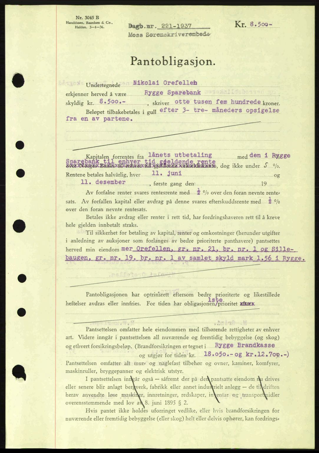 Moss sorenskriveri, SAO/A-10168: Pantebok nr. B3, 1937-1937, Dagboknr: 221/1937