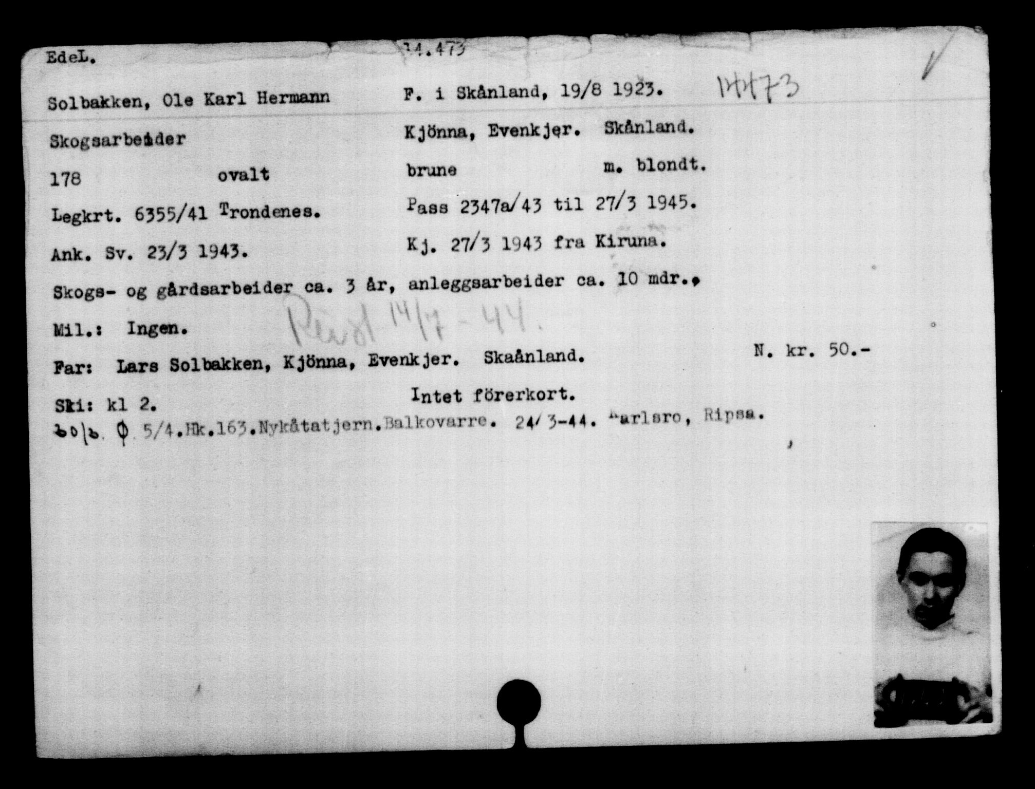Utenriksstasjonene, Legasjonen i Stockholm, Flyktningkontoret, AV/RA-S-6753/V/Va/L0007: Kjesäterkartoteket, flyktninger med registreringsnr. 12700-15723, 1940-1945, s. 2053
