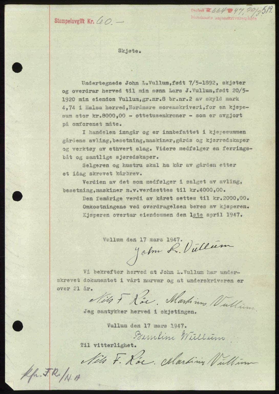 Nordmøre sorenskriveri, SAT/A-4132/1/2/2Ca: Pantebok nr. A104, 1947-1947, Dagboknr: 664/1947