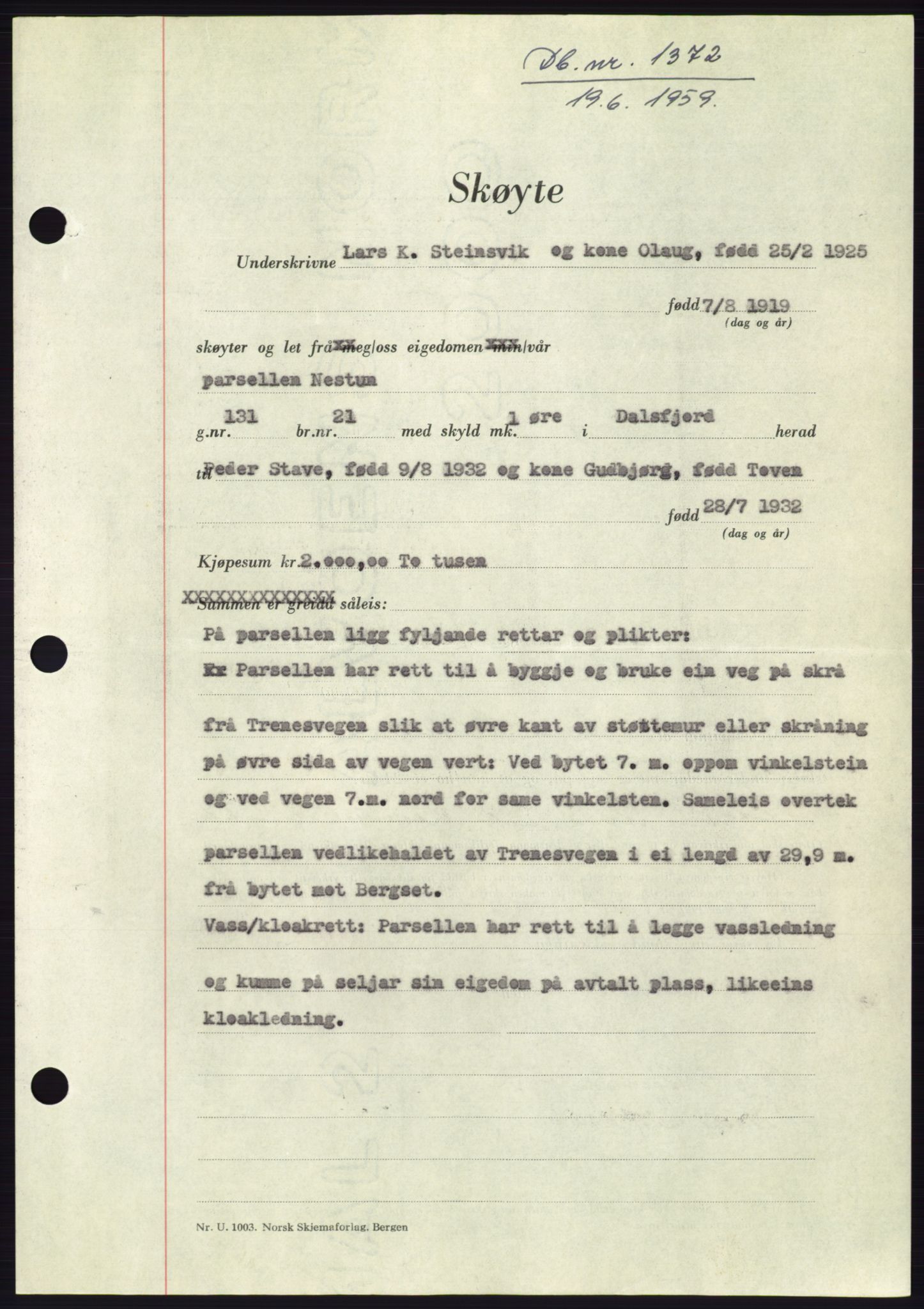 Søre Sunnmøre sorenskriveri, SAT/A-4122/1/2/2C/L0112: Pantebok nr. 38A, 1959-1959, Dagboknr: 1372/1959