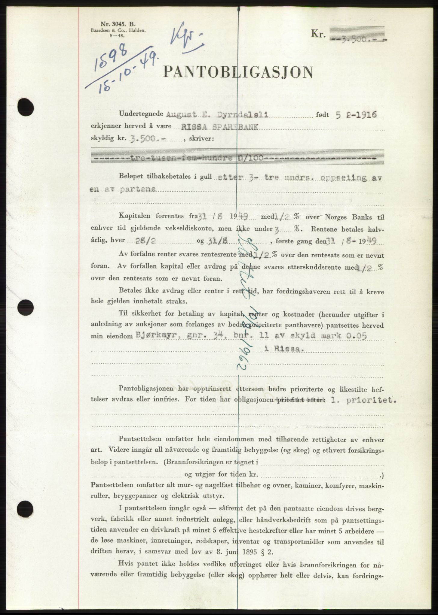 Fosen sorenskriveri, AV/SAT-A-1107/1/2/2C: Pantebok nr. B, 1948-1950, Dagboknr: 1598/1949