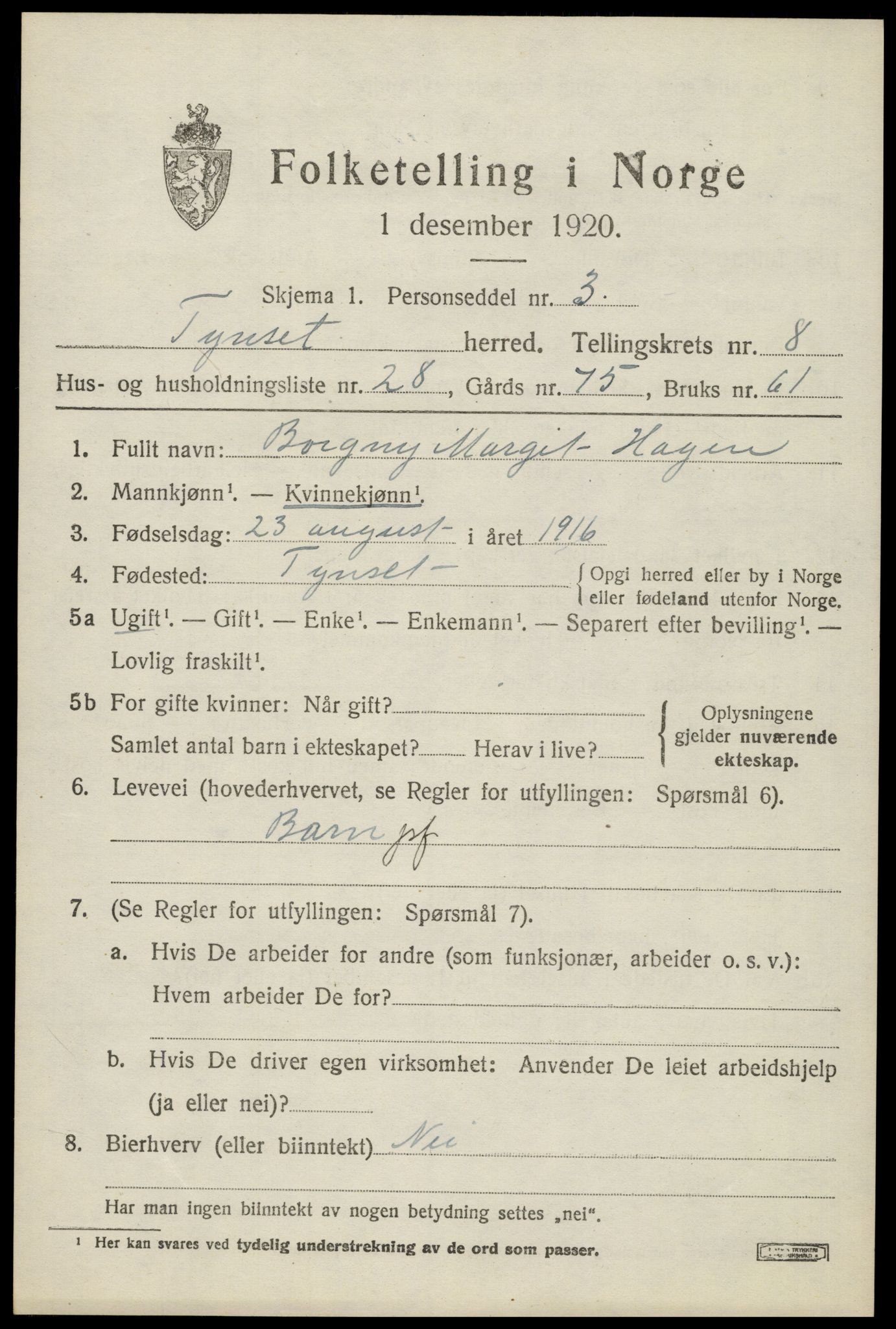 SAH, Folketelling 1920 for 0437 Tynset herred, 1920, s. 6898