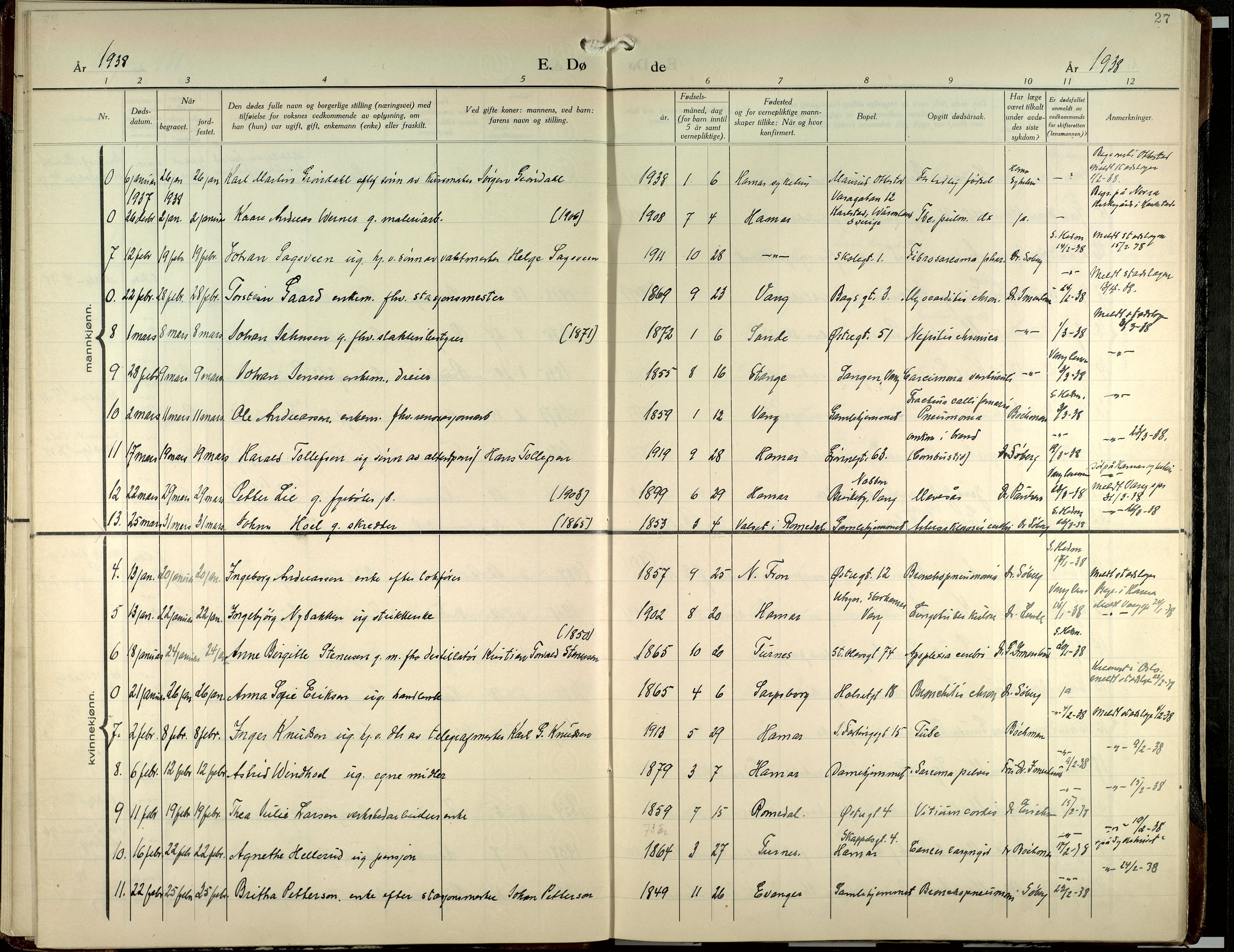 Hamar prestekontor, AV/SAH-DOMPH-002/H/Ha/Haa/L0007: Ministerialbok nr. 7, 1933-1953, s. 27