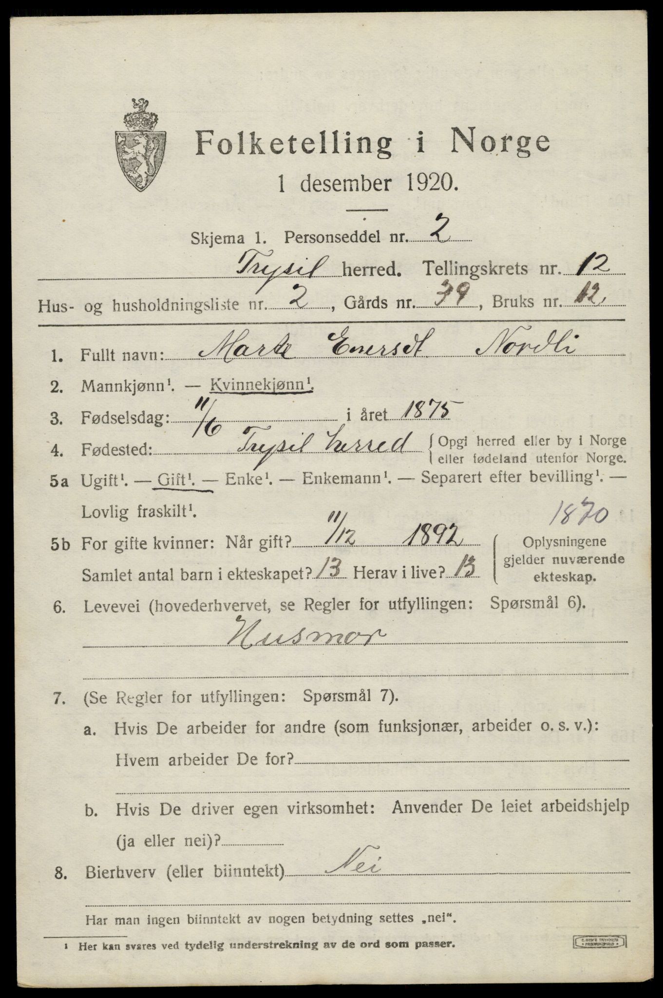 SAH, Folketelling 1920 for 0428 Trysil herred, 1920, s. 7127