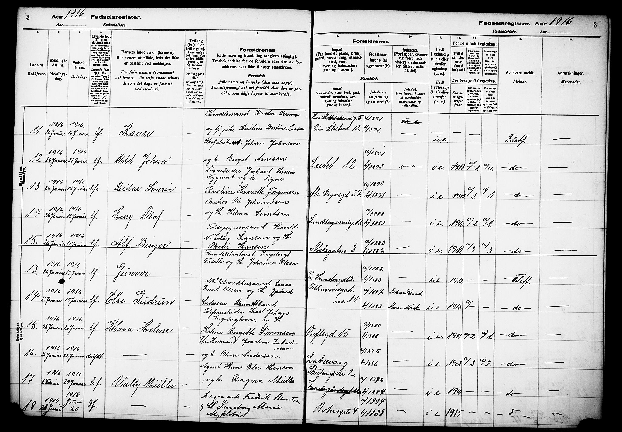Kvinneklinikken, AV/SAB-A-76301/F/L0A01: Fødselsregister nr. A 1, 1916-1920, s. 3