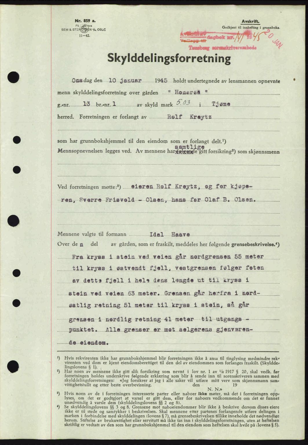 Tønsberg sorenskriveri, AV/SAKO-A-130/G/Ga/Gaa/L0016: Pantebok nr. A16, 1944-1945, Dagboknr: 141/1945