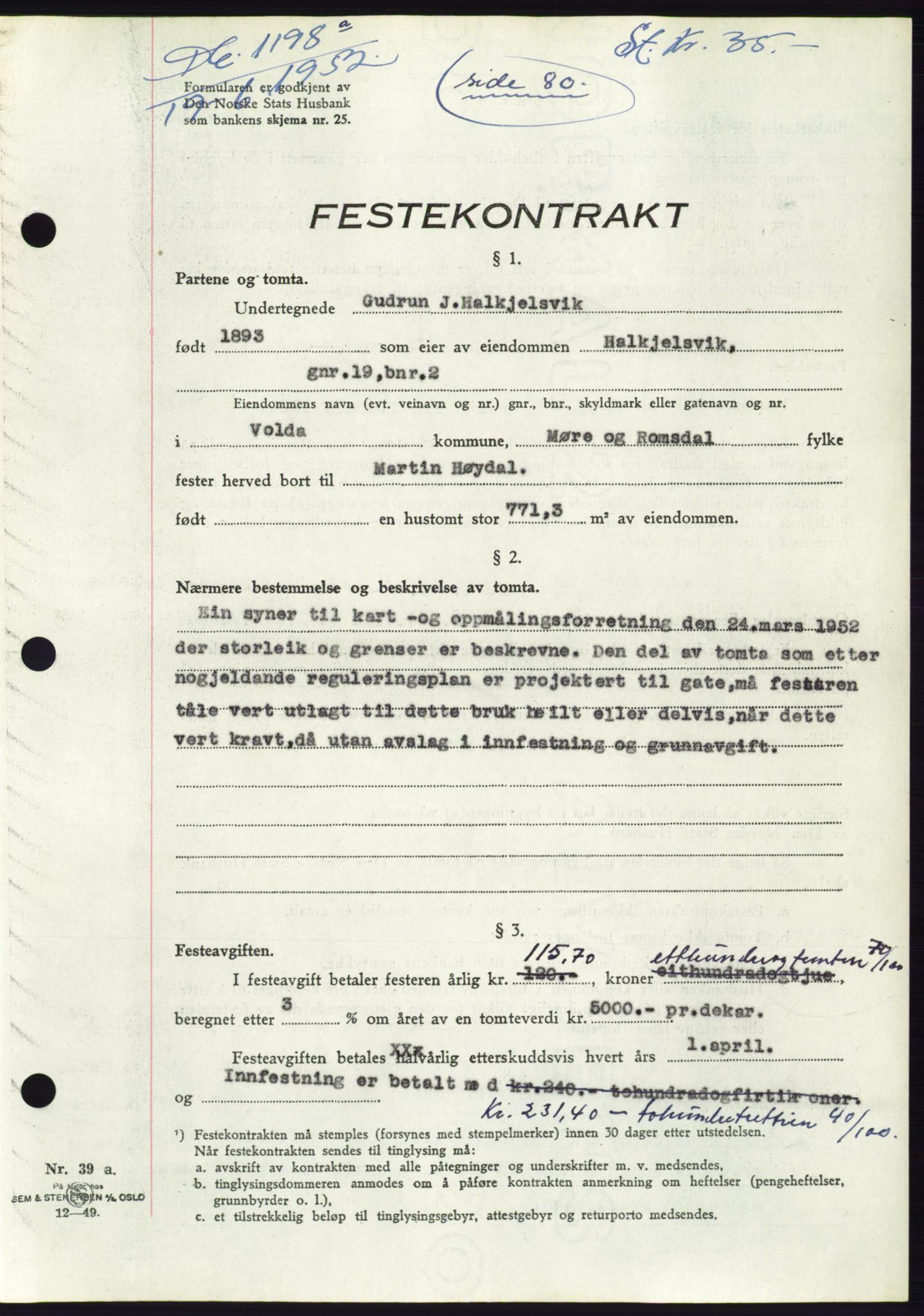 Søre Sunnmøre sorenskriveri, AV/SAT-A-4122/1/2/2C/L0092: Pantebok nr. 18A, 1952-1952, Dagboknr: 1198/1952