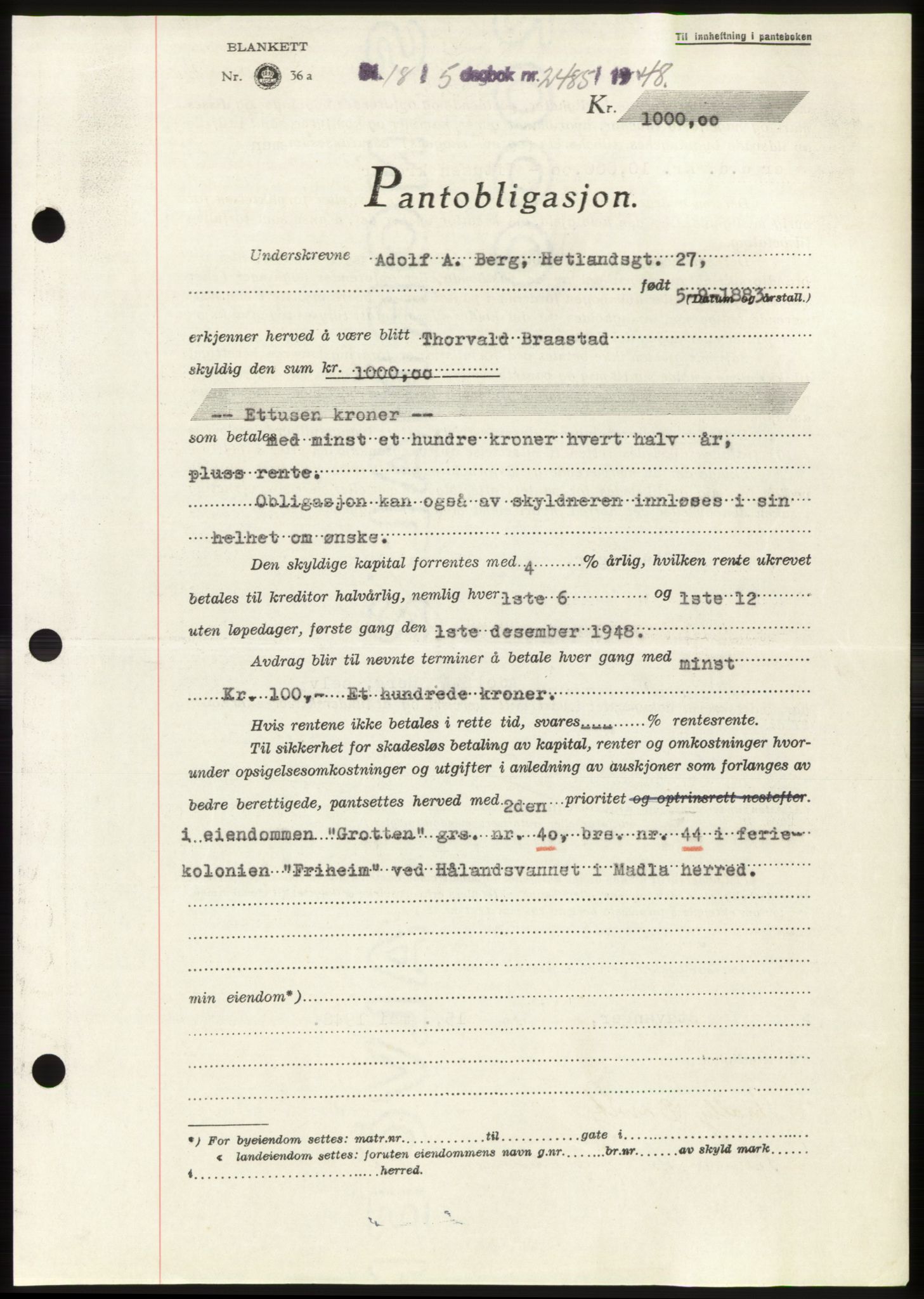 Jæren sorenskriveri, SAST/A-100310/03/G/Gba/L0099: Pantebok, 1948-1948, Dagboknr: 2485/1948