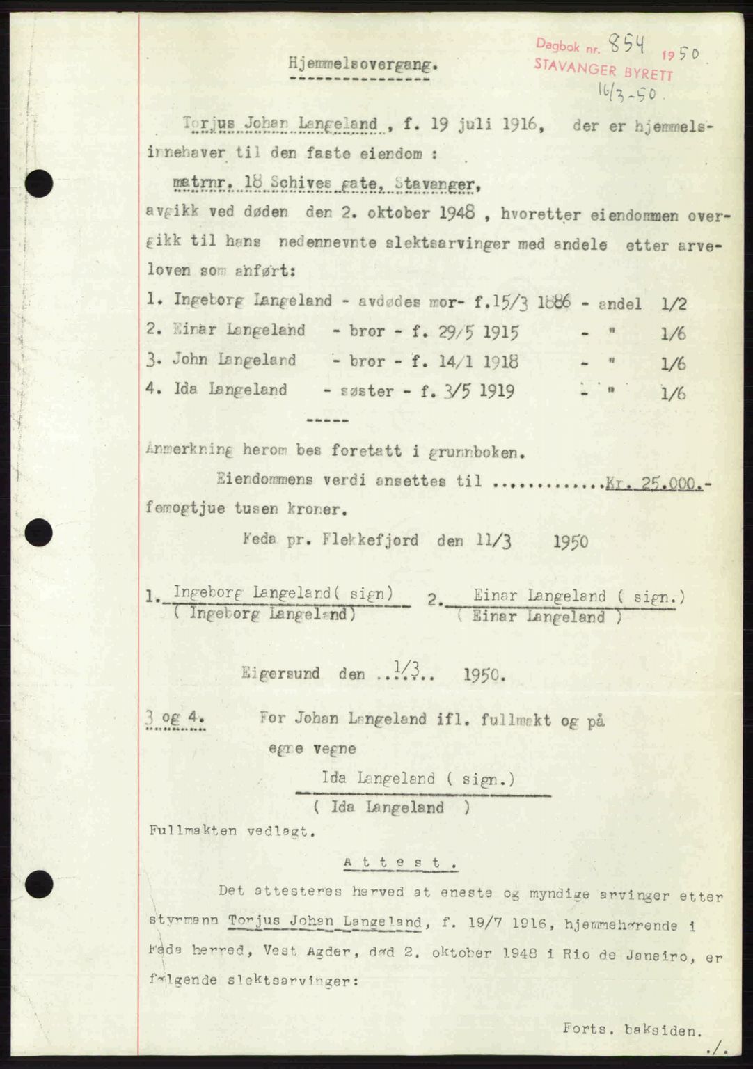 Stavanger byrett, SAST/A-100455/002/G/Gb/L0024: Pantebok nr. A13, 1949-1950, Dagboknr: 854/1950