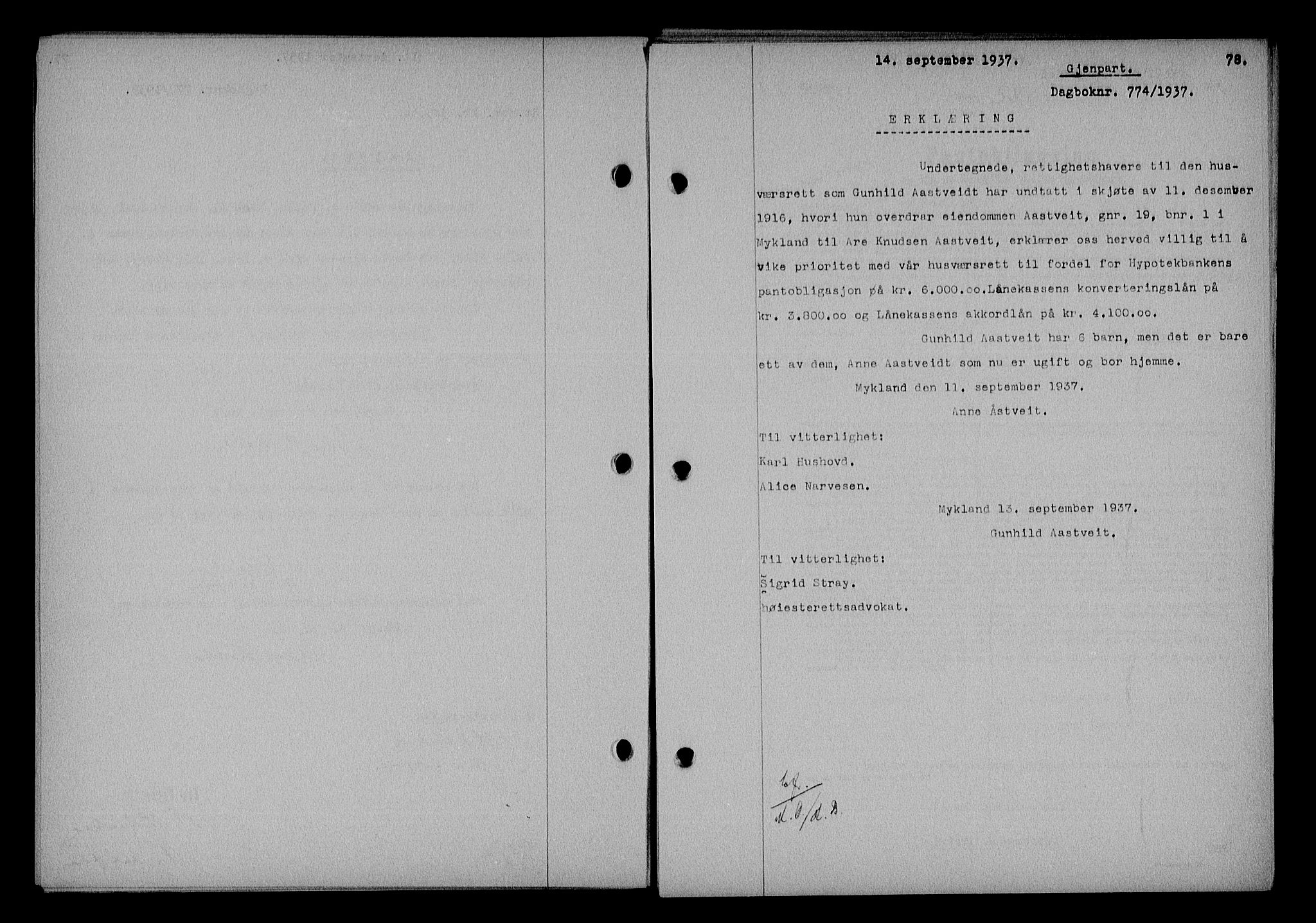 Nedenes sorenskriveri, SAK/1221-0006/G/Gb/Gba/L0044: Pantebok nr. 40, 1937-1938, Dagboknr: 774/1937