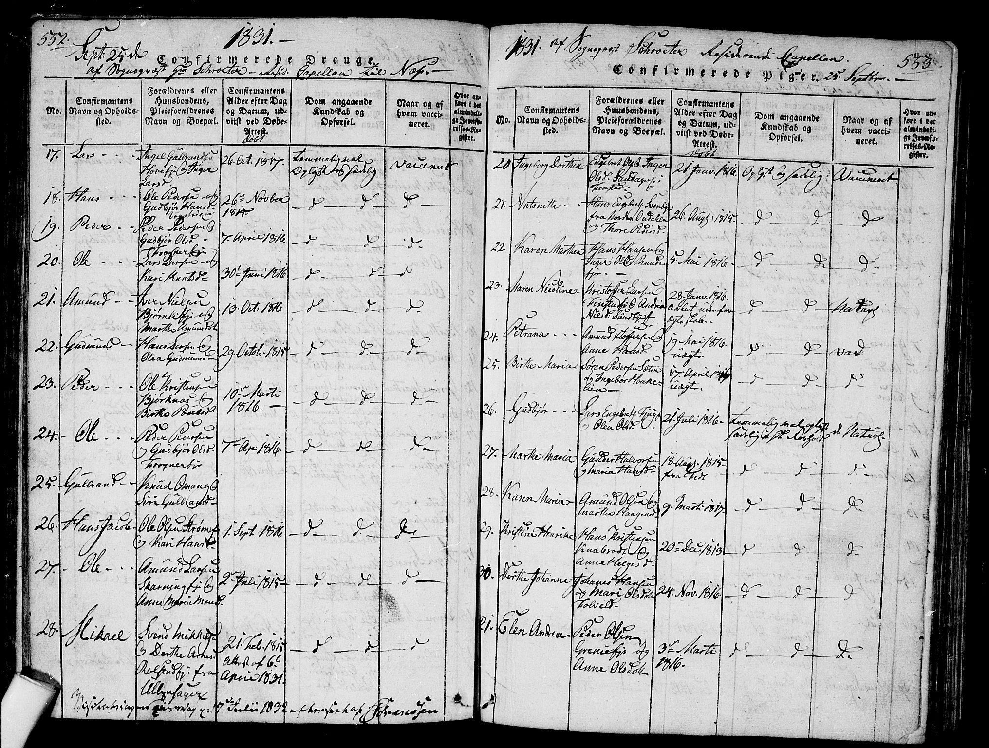 Nes prestekontor Kirkebøker, AV/SAO-A-10410/G/Ga/L0001: Klokkerbok nr. I 1, 1815-1835, s. 552-553
