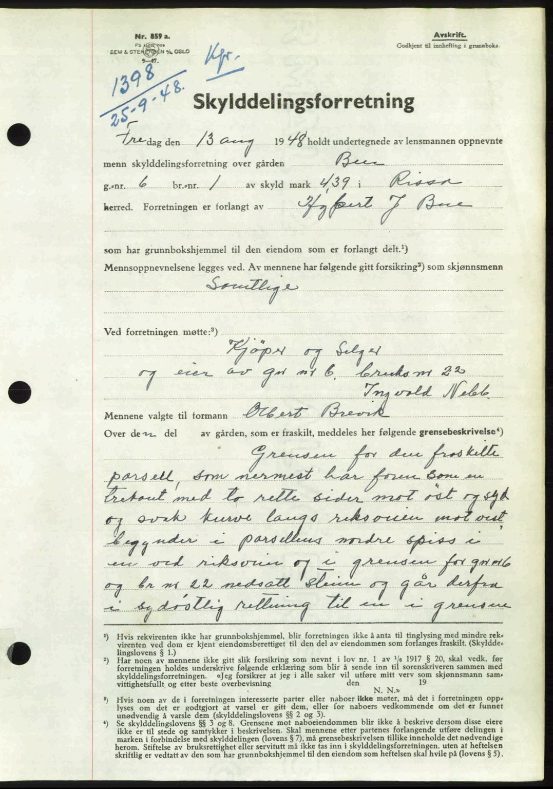 Fosen sorenskriveri, AV/SAT-A-1107/1/2/2C: Pantebok nr. A7-9, 1947-1949, Dagboknr: 1398/1948