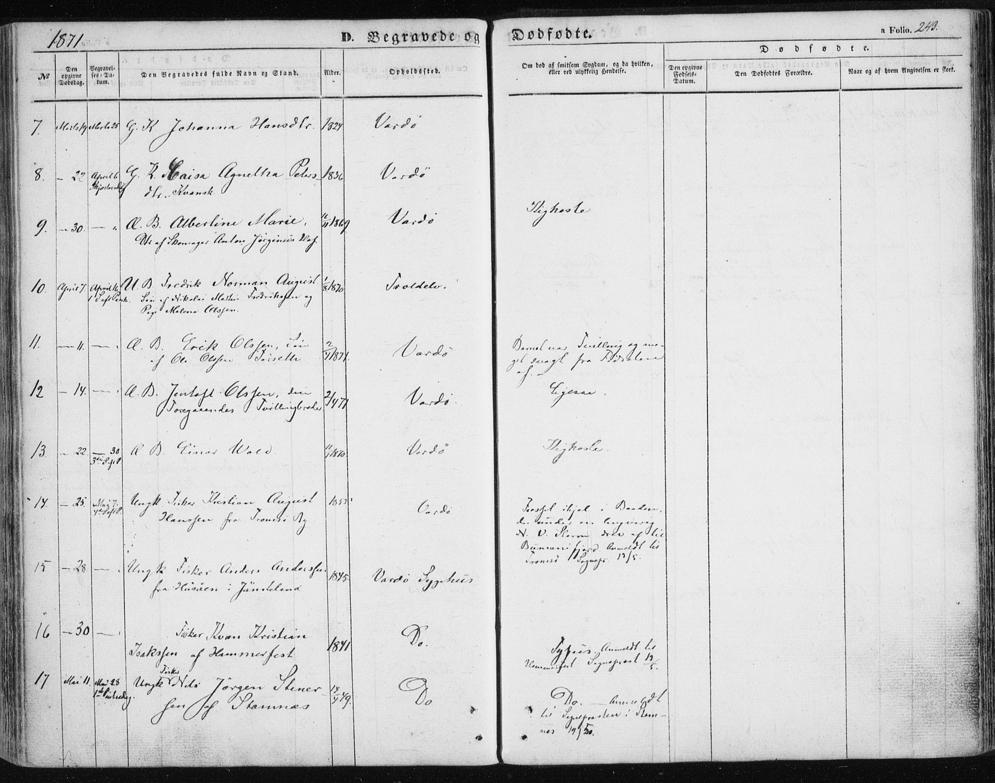 Vardø sokneprestkontor, AV/SATØ-S-1332/H/Ha/L0004kirke: Ministerialbok nr. 4, 1862-1871, s. 243