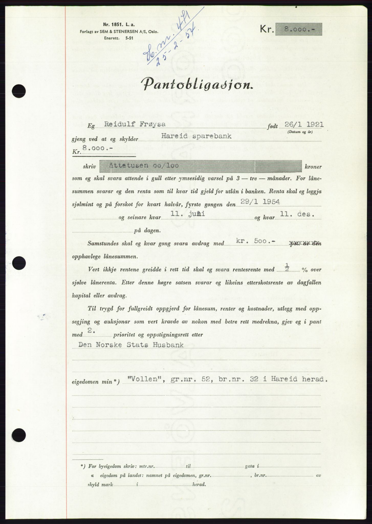 Søre Sunnmøre sorenskriveri, AV/SAT-A-4122/1/2/2C/L0124: Pantebok nr. 12B, 1953-1954, Dagboknr: 471/1954
