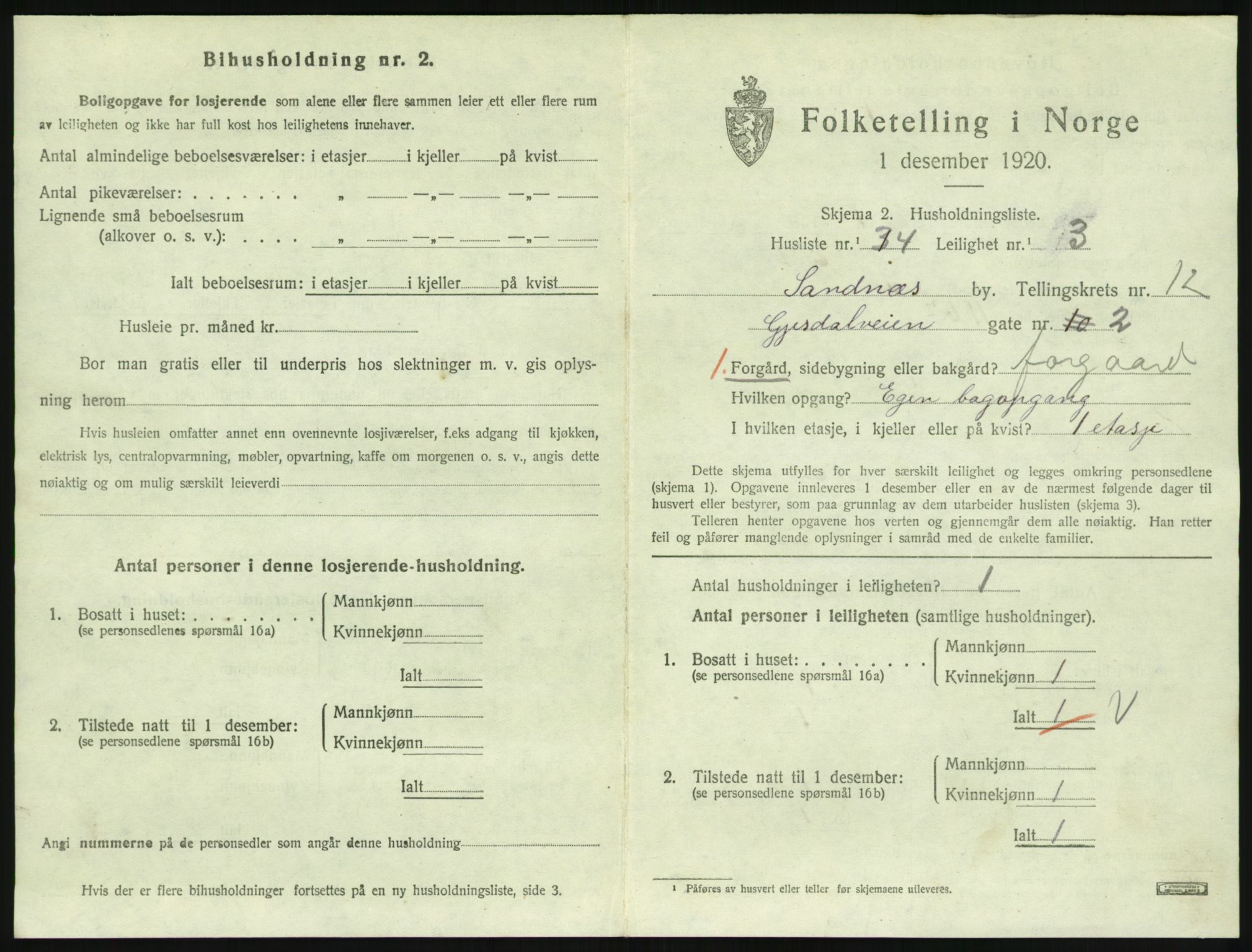 SAST, Folketelling 1920 for 1102 Sandnes ladested, 1920, s. 2490