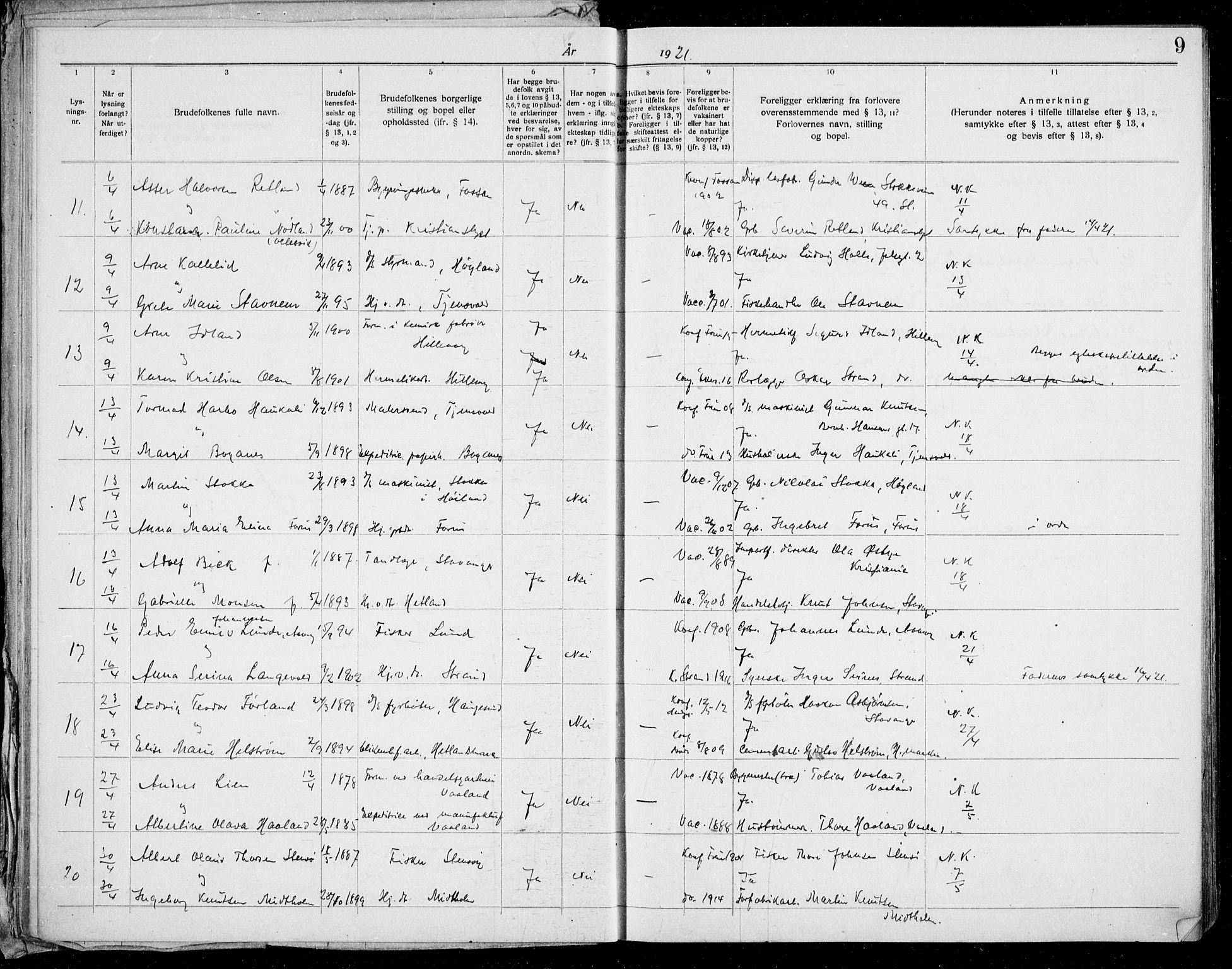 Hetland sokneprestkontor, AV/SAST-A-101826/70/705BA/L0006: Lysningsprotokoll nr. 705.BA.6, 1919-1939, s. 9