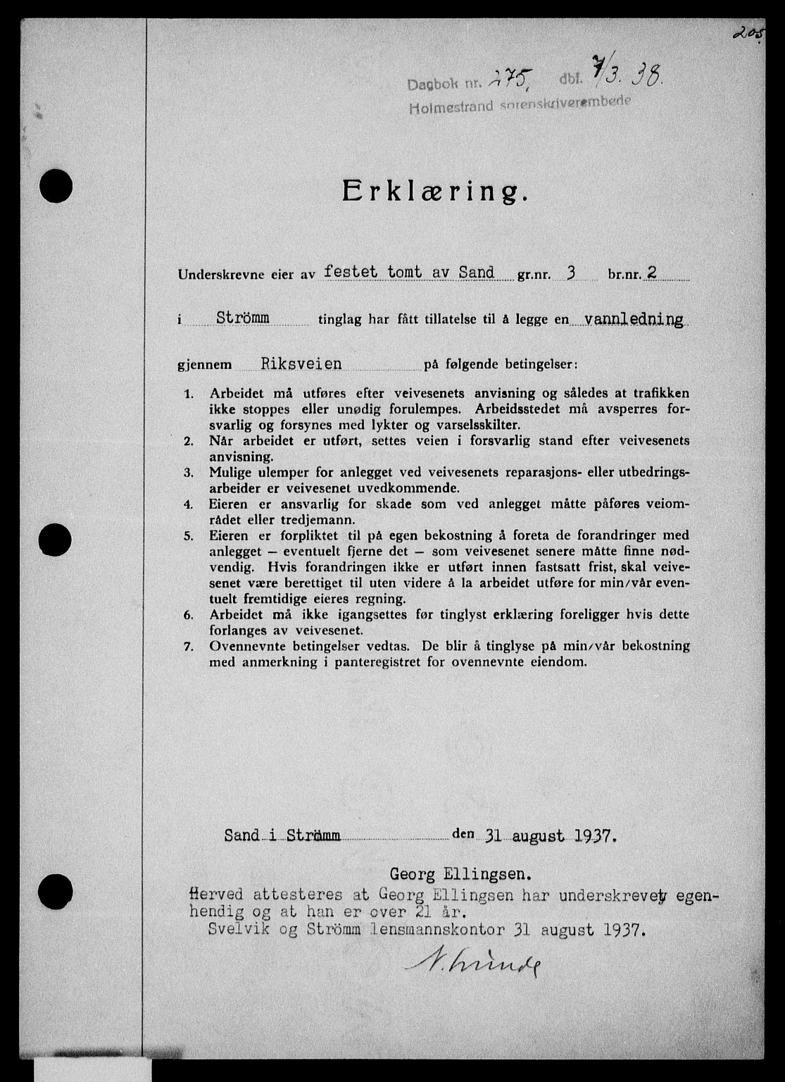 Holmestrand sorenskriveri, SAKO/A-67/G/Ga/Gaa/L0049: Pantebok nr. A-49, 1937-1938, Dagboknr: 275/1938