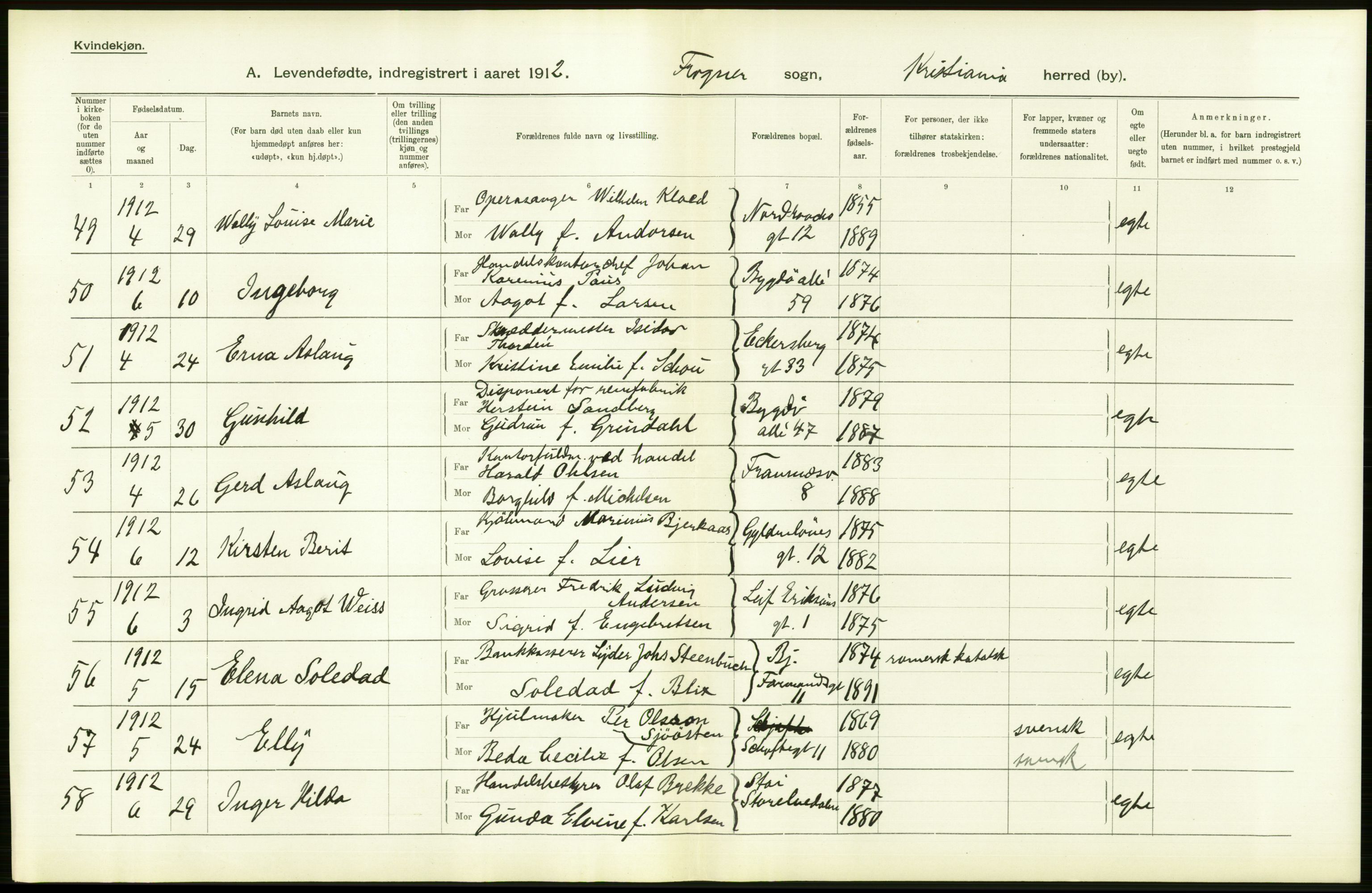 Statistisk sentralbyrå, Sosiodemografiske emner, Befolkning, RA/S-2228/D/Df/Dfb/Dfbb/L0007: Kristiania:  Levendefødte menn og kvinner., 1912, s. 474