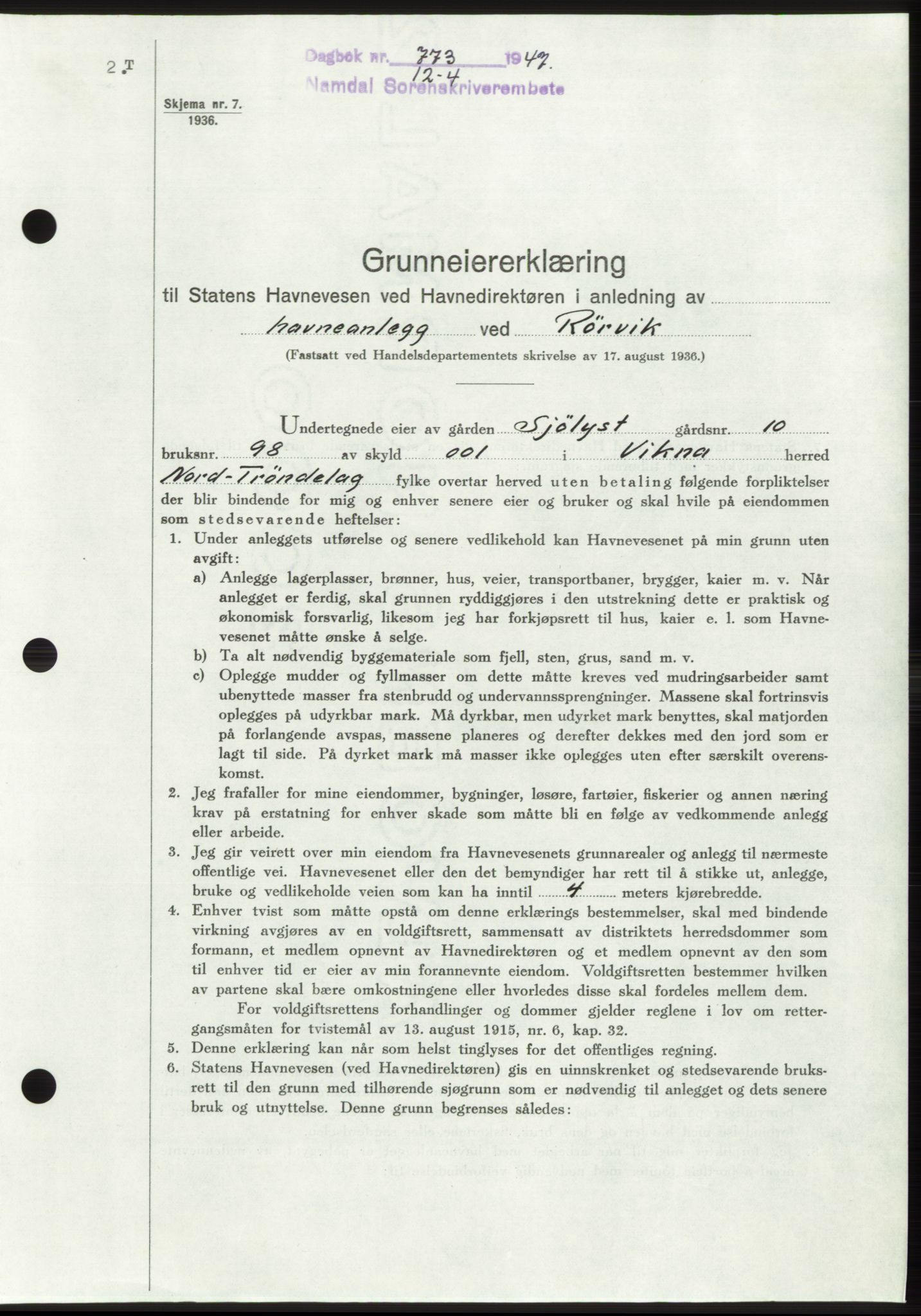 Namdal sorenskriveri, SAT/A-4133/1/2/2C: Pantebok nr. -, 1947-1947, Dagboknr: 773/1947