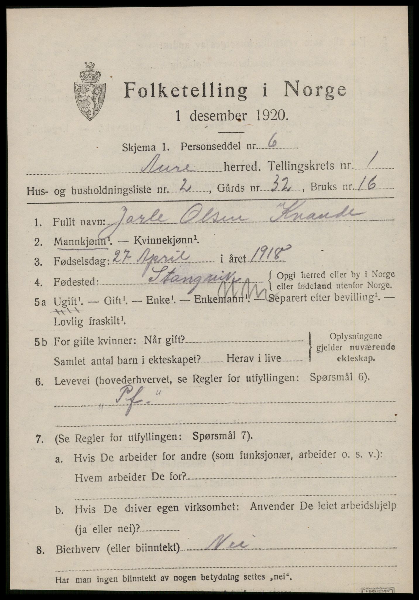 SAT, Folketelling 1920 for 1569 Aure herred, 1920, s. 960