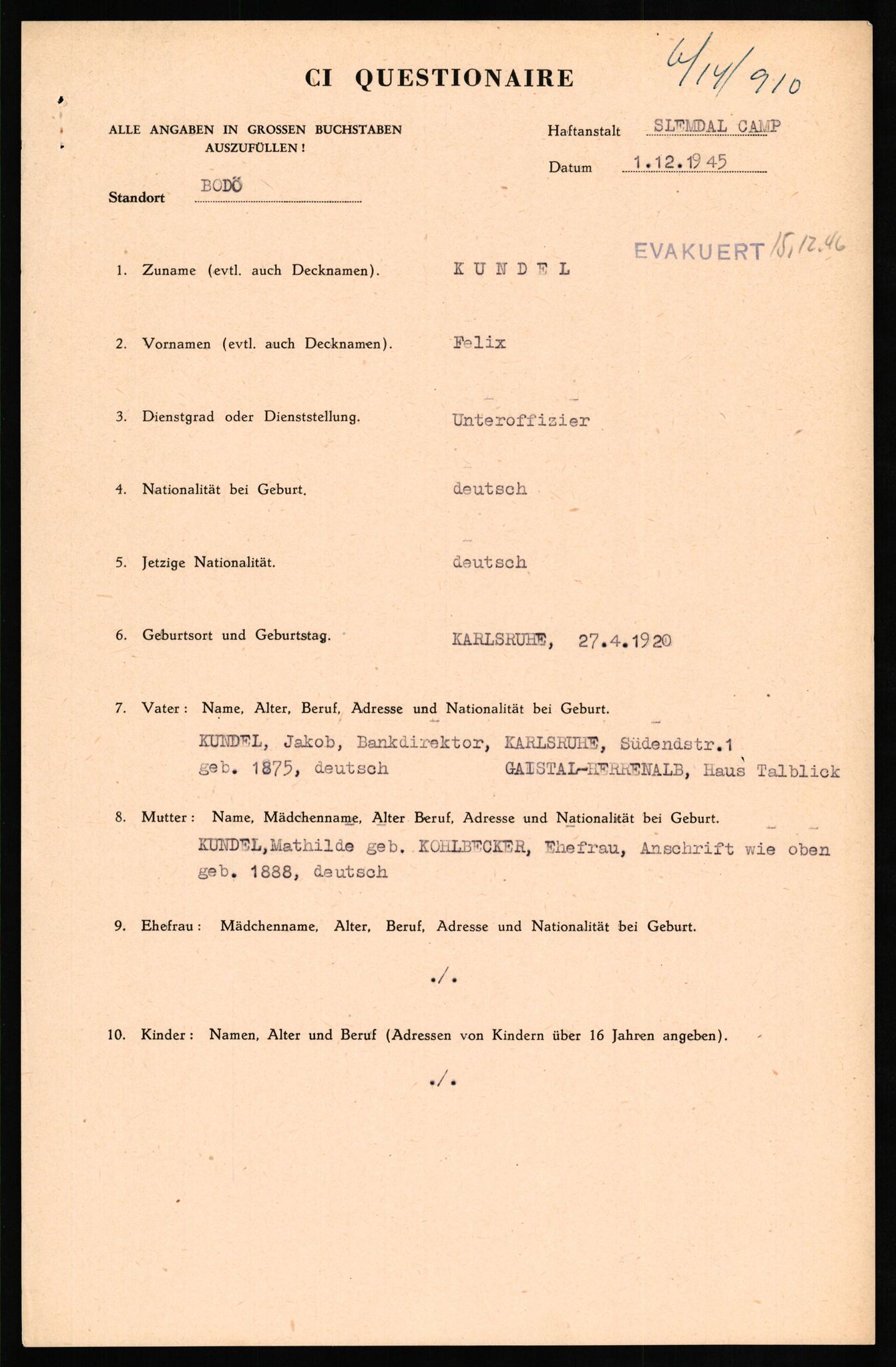 Forsvaret, Forsvarets overkommando II, AV/RA-RAFA-3915/D/Db/L0018: CI Questionaires. Tyske okkupasjonsstyrker i Norge. Tyskere., 1945-1946, s. 479