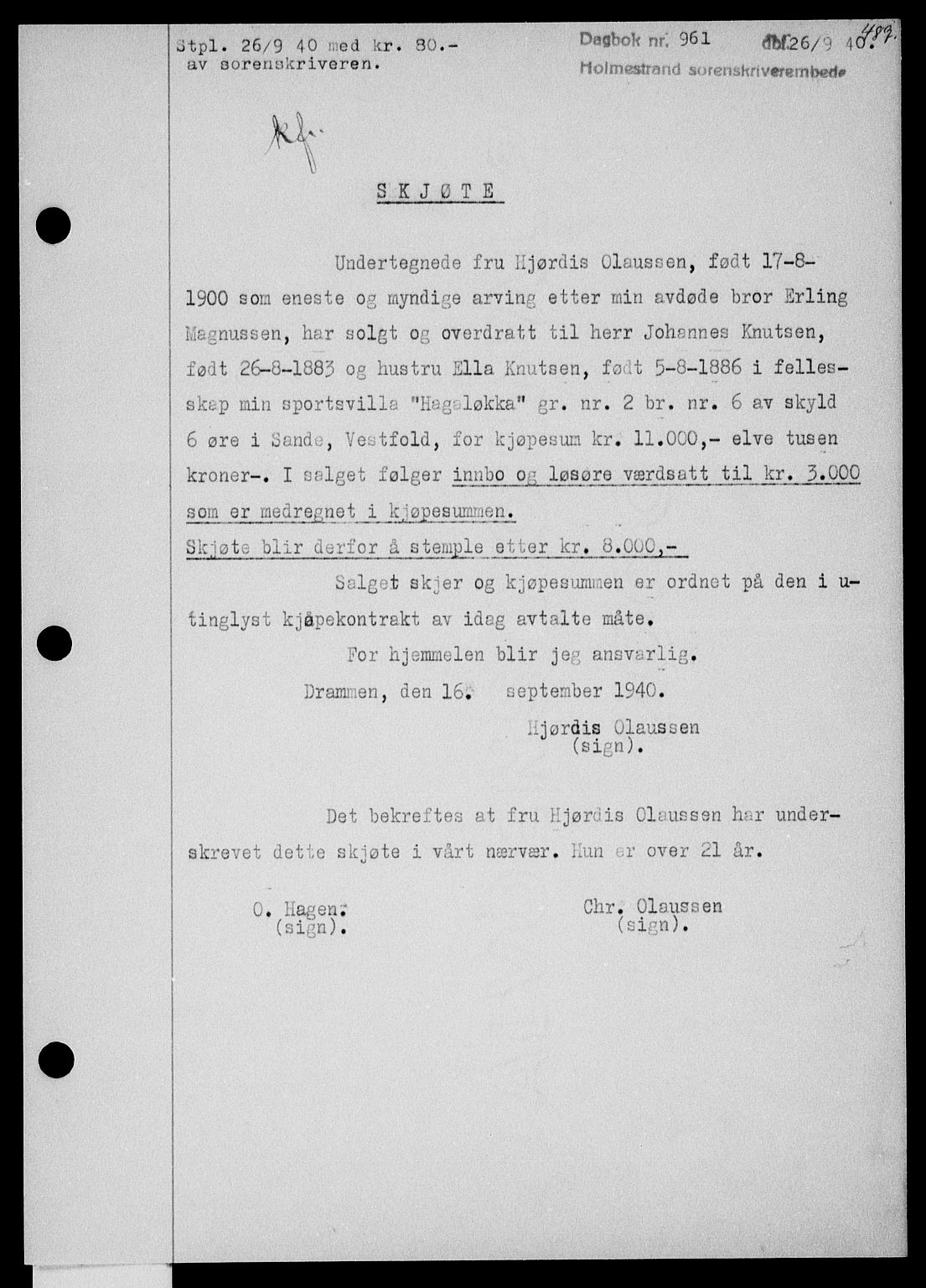 Holmestrand sorenskriveri, SAKO/A-67/G/Ga/Gaa/L0052: Pantebok nr. A-52, 1940-1941, Dagboknr: 961/1940