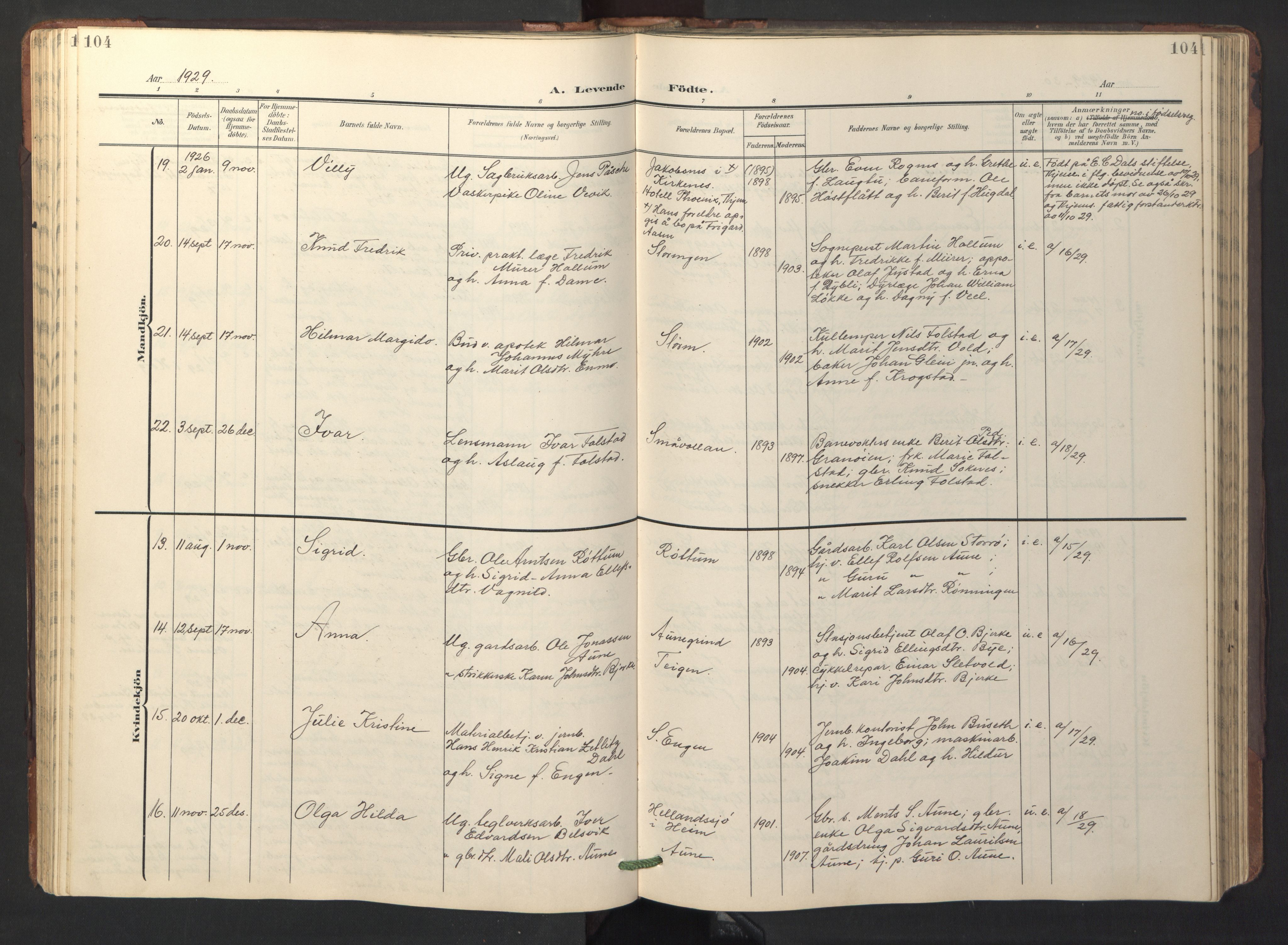 Ministerialprotokoller, klokkerbøker og fødselsregistre - Sør-Trøndelag, AV/SAT-A-1456/687/L1019: Klokkerbok nr. 687C03, 1904-1931, s. 104