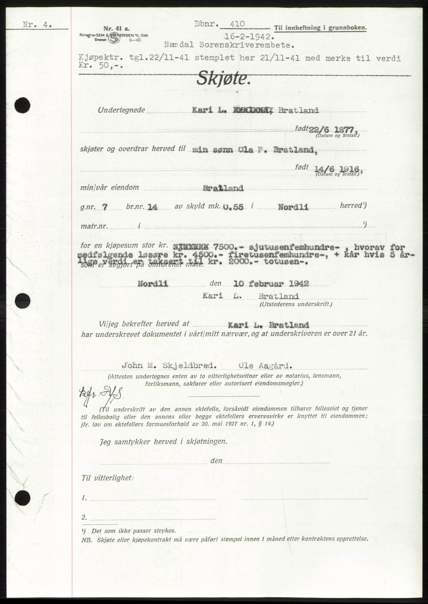 Namdal sorenskriveri, SAT/A-4133/1/2/2C: Pantebok nr. -, 1941-1942, Dagboknr: 410/1942