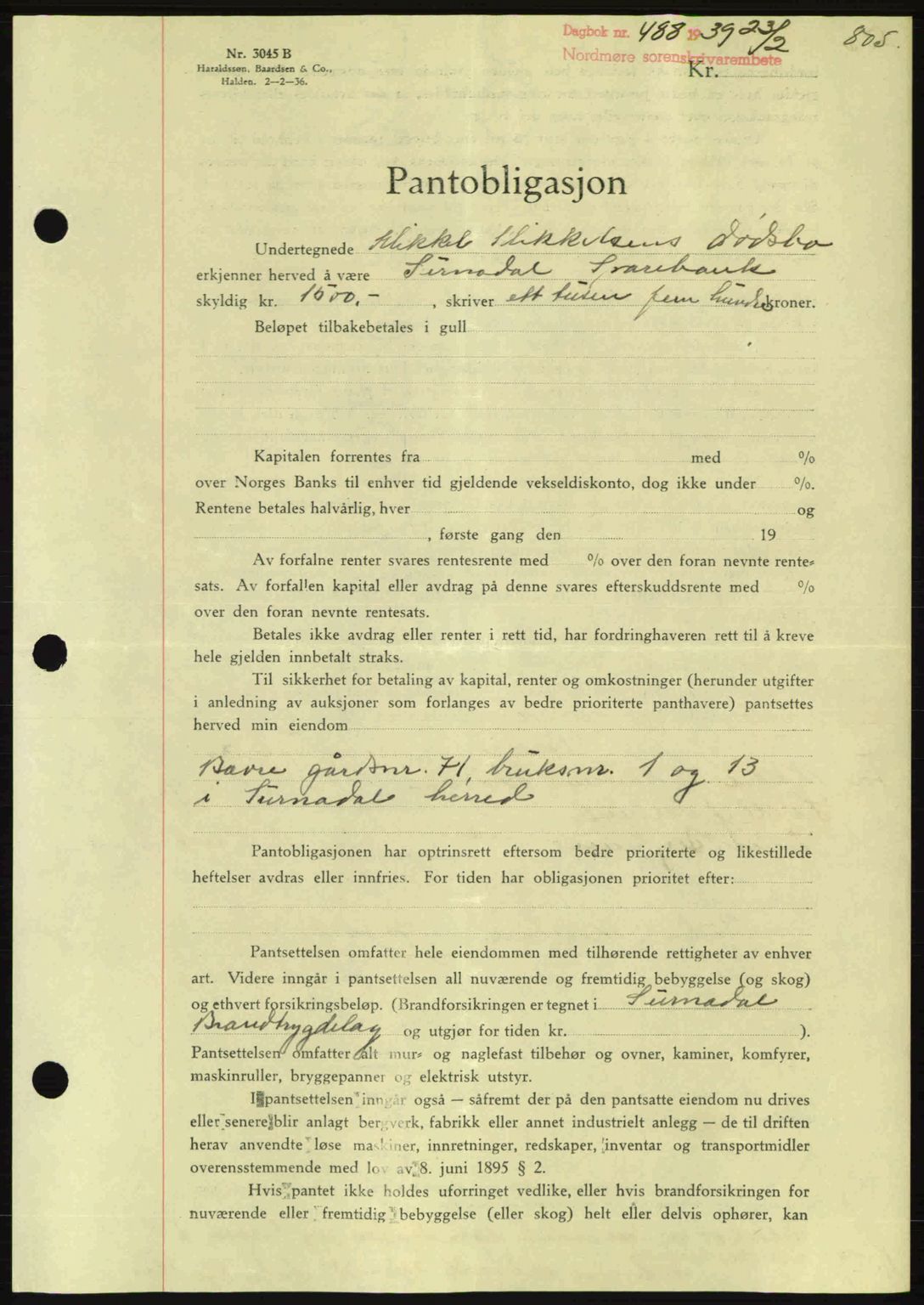 Nordmøre sorenskriveri, AV/SAT-A-4132/1/2/2Ca: Pantebok nr. B84, 1938-1939, Dagboknr: 488/1939