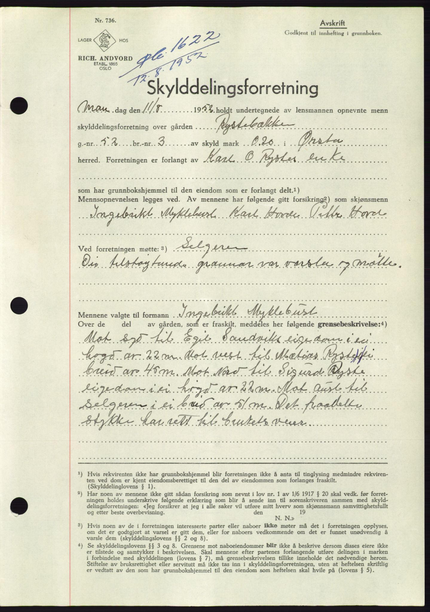 Søre Sunnmøre sorenskriveri, AV/SAT-A-4122/1/2/2C/L0092: Pantebok nr. 18A, 1952-1952, Dagboknr: 1622/1952