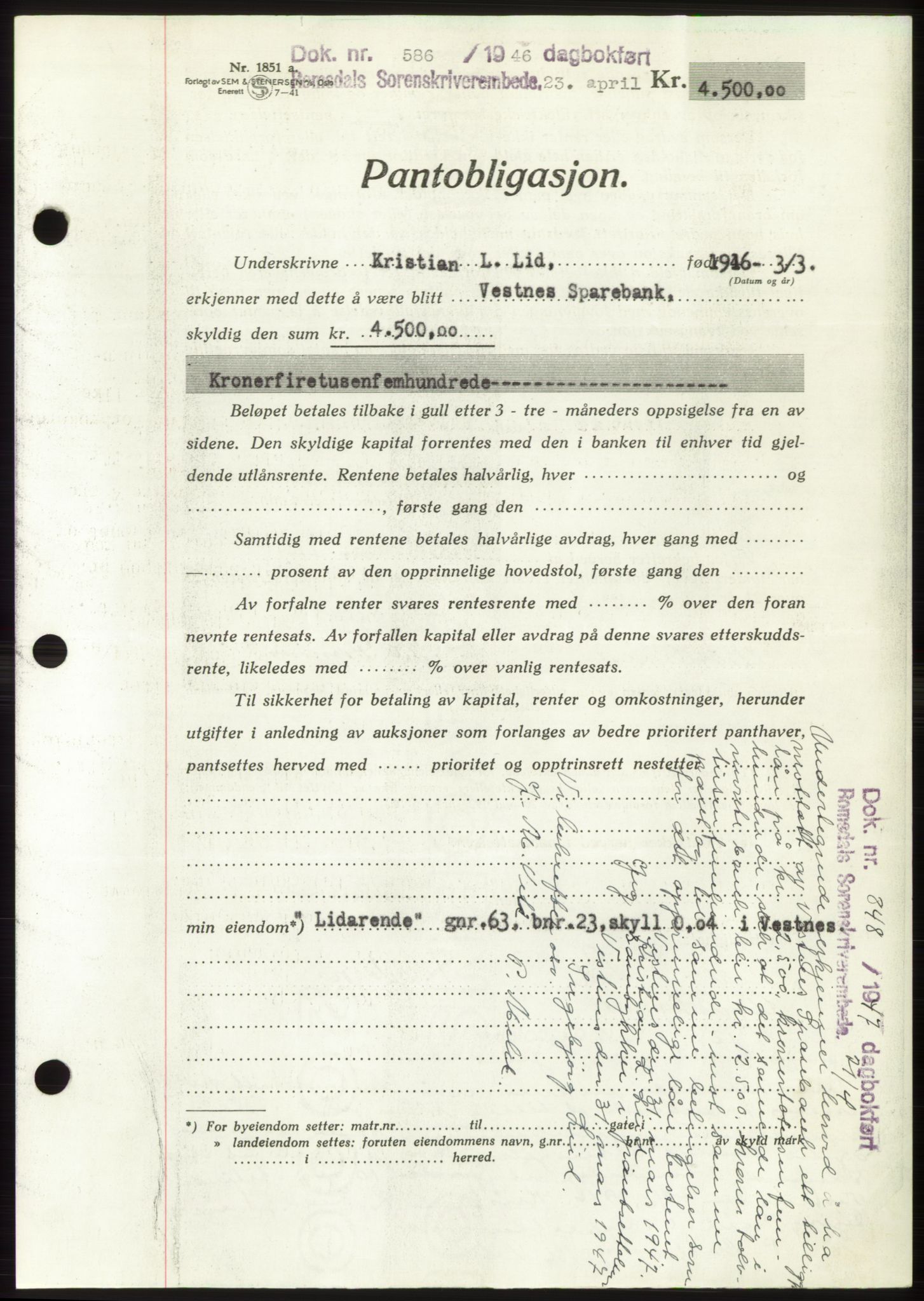 Romsdal sorenskriveri, SAT/A-4149/1/2/2C: Pantebok nr. B3, 1946-1948, Dagboknr: 586/1946